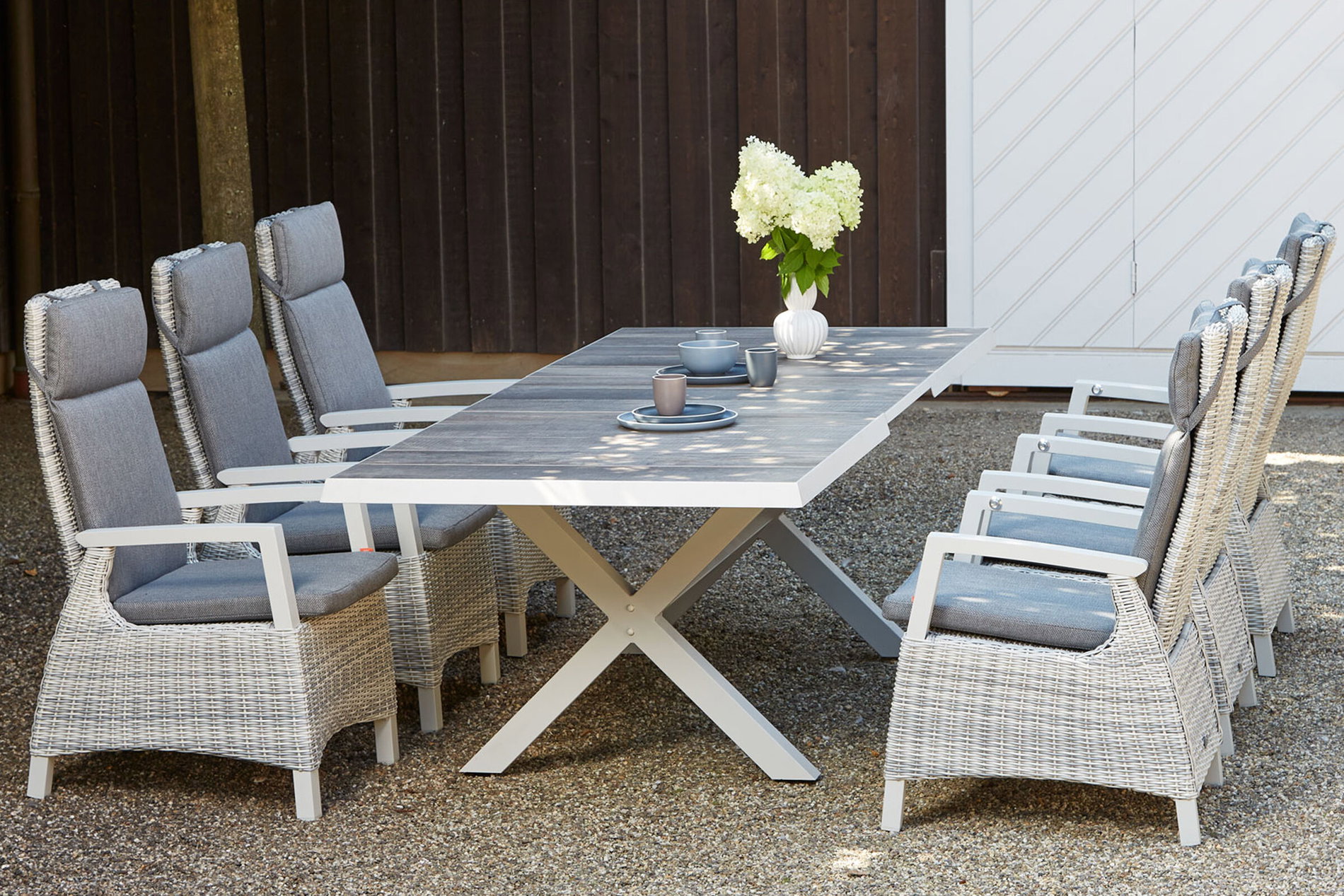 SIENA GARDEN Corido/Sincro Conjunto de comedor de jardín, ice grey/blanco gris, Alu/trenzado Gardino®/cerámica, mesa extensible 200/260x100 cm, 6 sillones comedor
