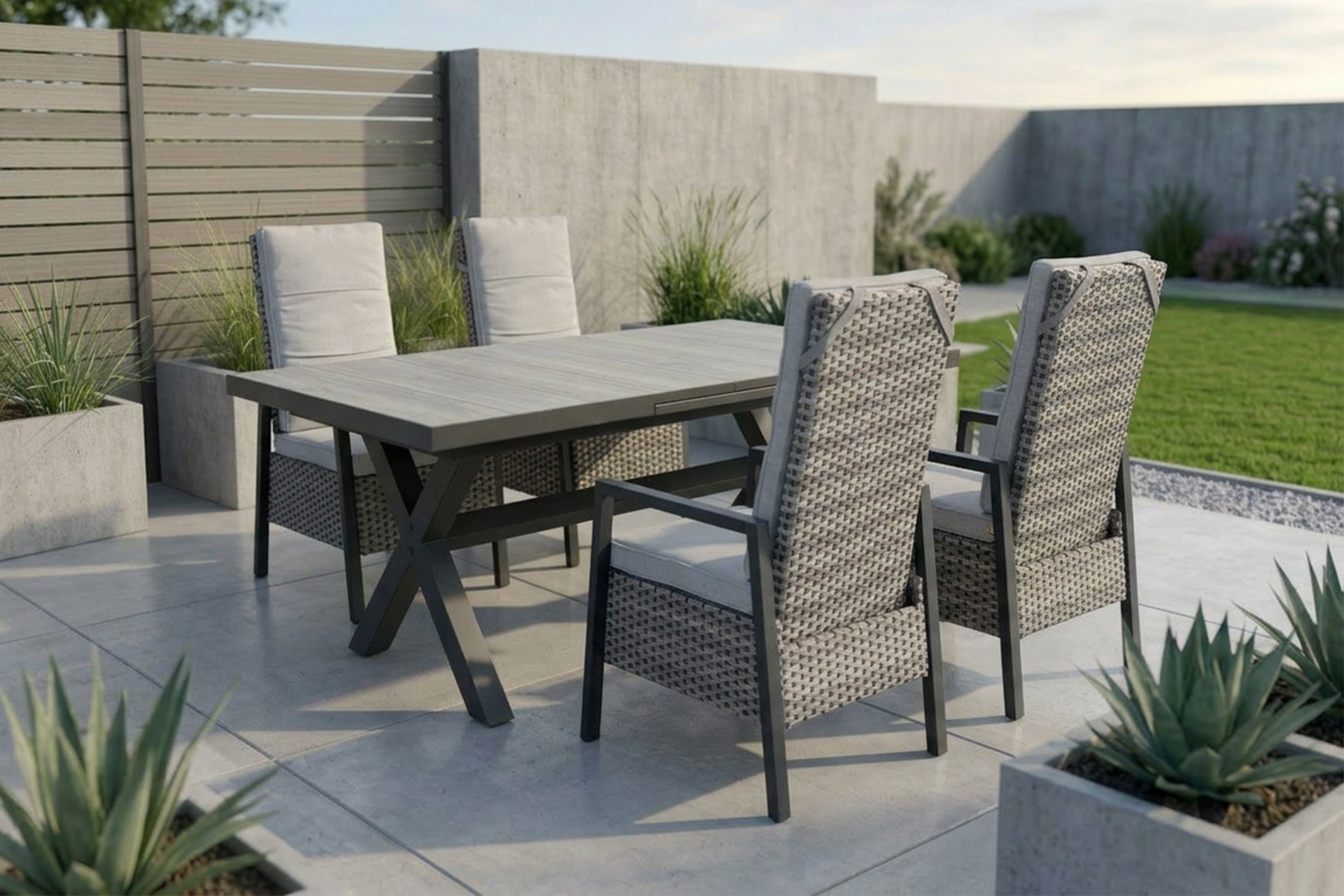 Ploß Louvra 2 Conjunto de comedor de jardín, natural/antracita, polirratán/aluminio, 4 sillones, mesa 160/210 x 100 cm