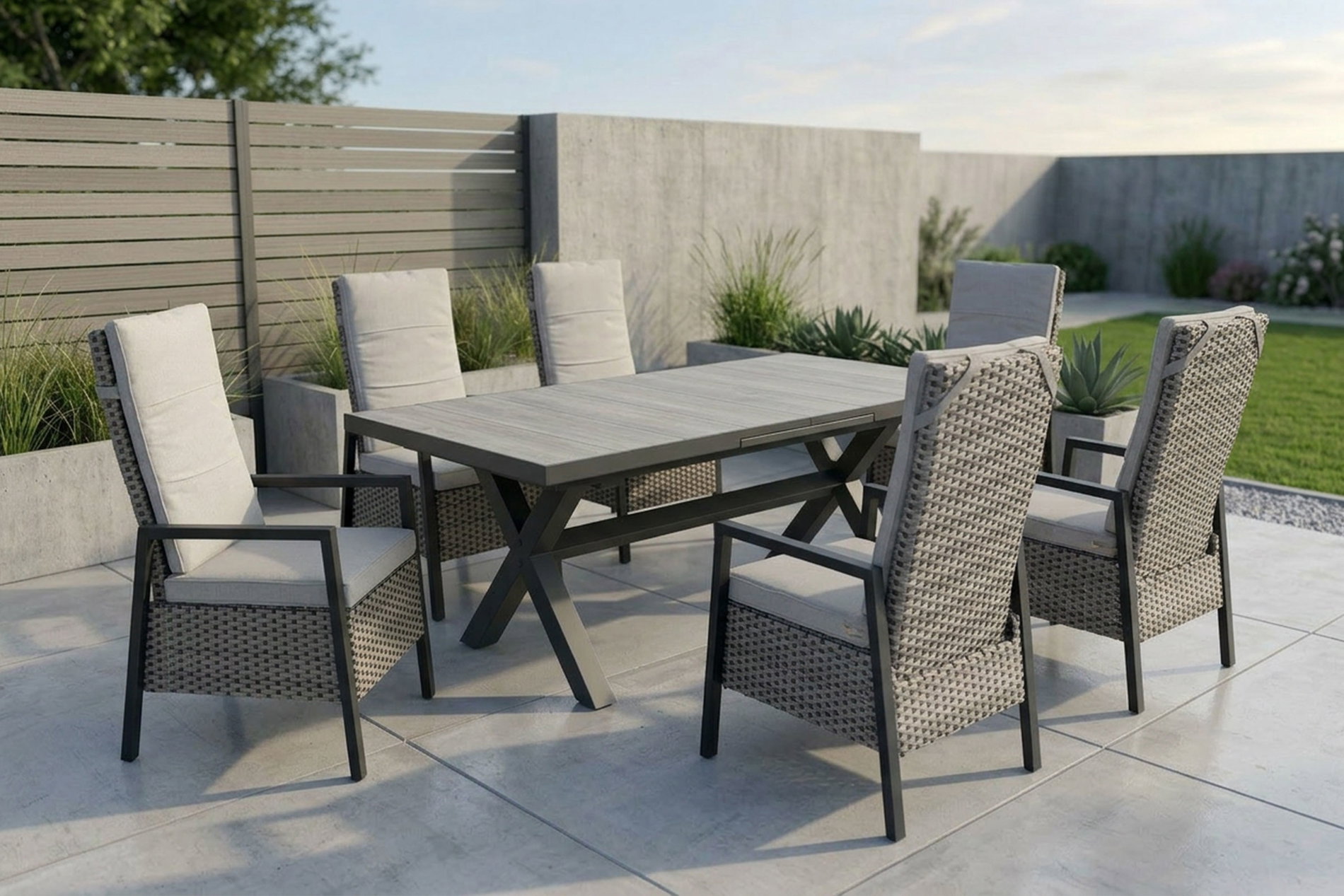 Ploß Louvra 2 Conjunto de comedor de jardín, natural/antracita, poliratán/aluminio, 6 sillones, mesa 160/210 x 100 cm