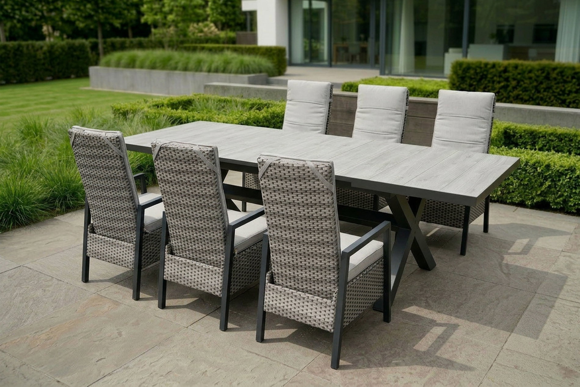 Ploß Louvra 2 Conjunto de comedor de jardín, natural/antracita, Polirratán/Alu, Mesa 200/260 x 100 cm, 6 Sillones