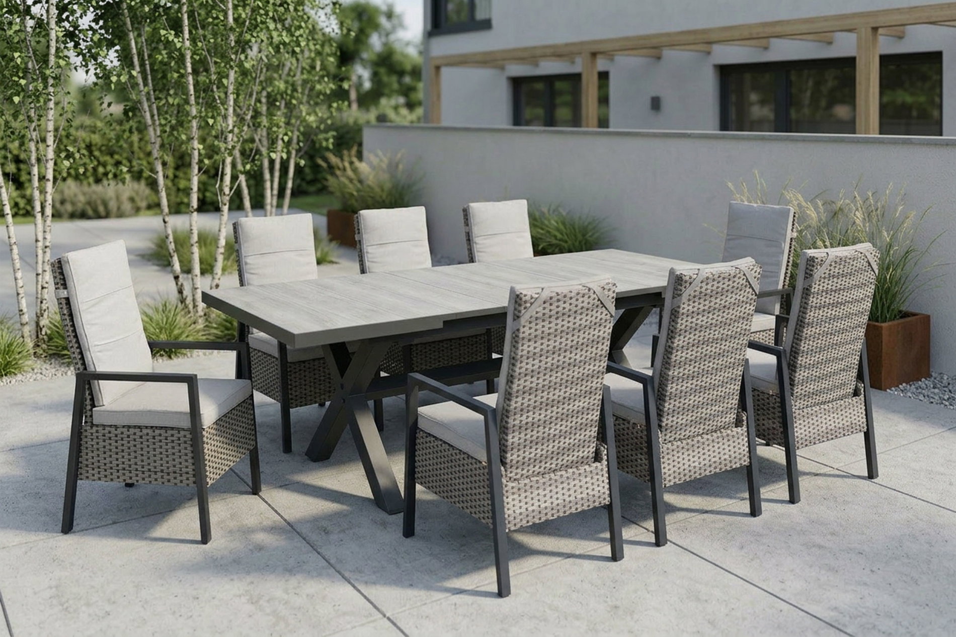 Ploß Louvra 2 Conjunto de comedor de jardín, natural/antracita, polirratán/aluminio, mesa 200/260 x 100 cm, 8 sillones
