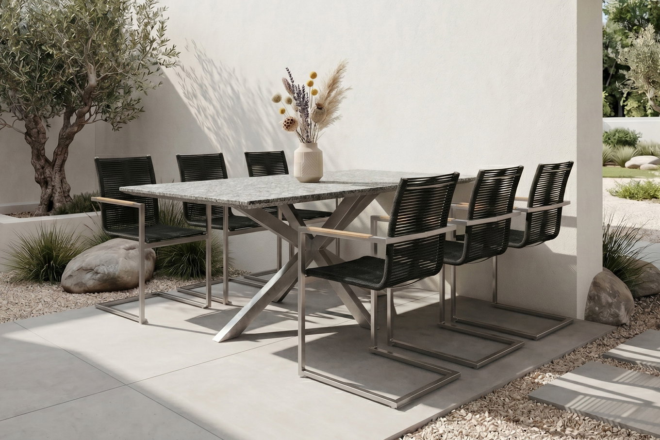 OUTFLEXX Garten-Essgruppe, silber/schwarz, Edelstahl/Granit/Rope, 200x100 cm, 6 Freischwinger, Armlehnen aus Teak