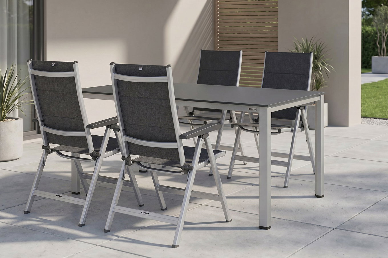 KETTLER KETTALUX-PLUS/Basic Plus Padded Conjunto de jardín, plateado/antracita, Alu/Textilene, Mesa 160x95 cm, 4 Sillas plegables