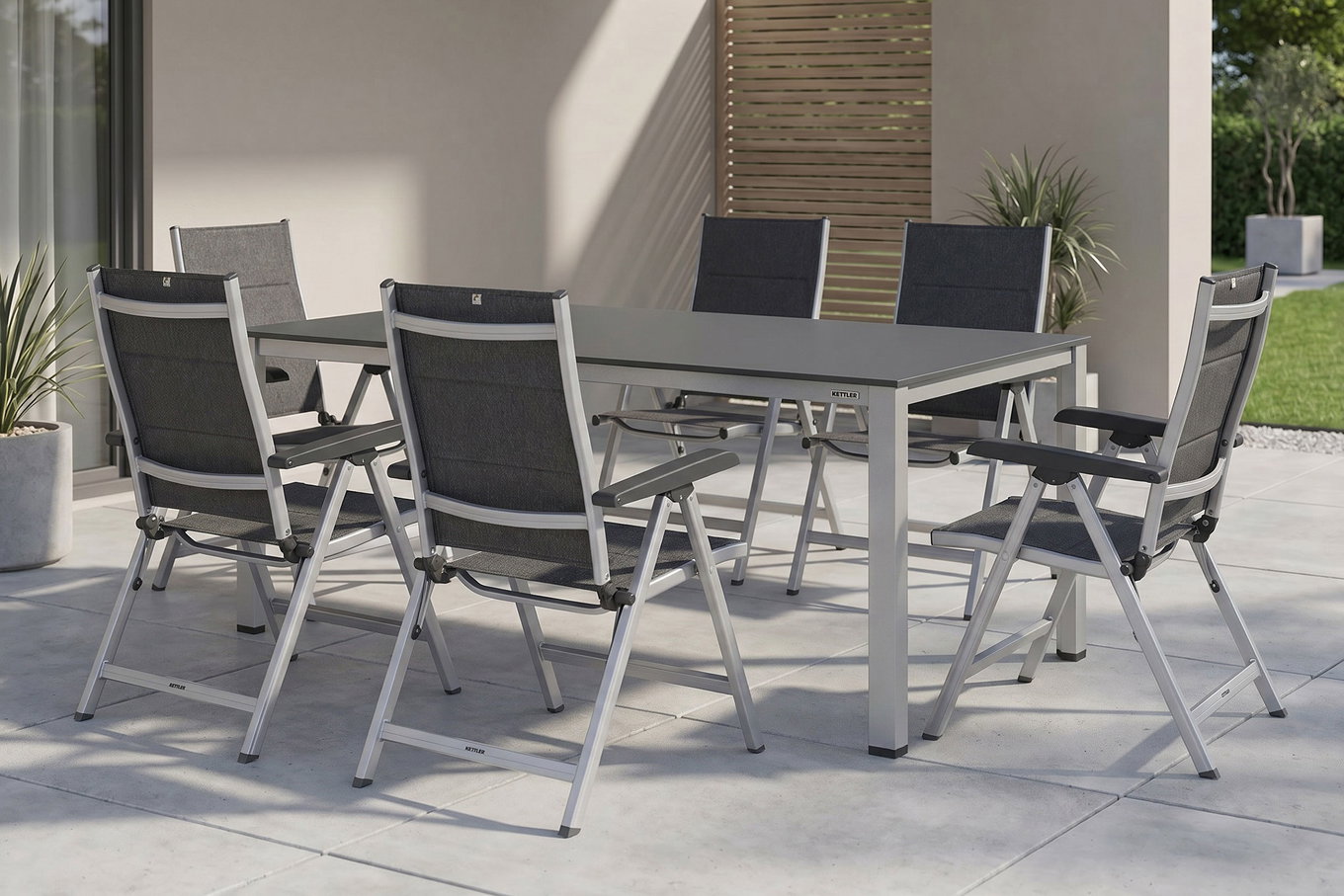KETTLER KETTALUX-PLUS/Basic Plus Padded Conjunto de jardín, plata/antracita, Alu/Textilene, Mesa 160x95 cm, 6 Sillas plegables