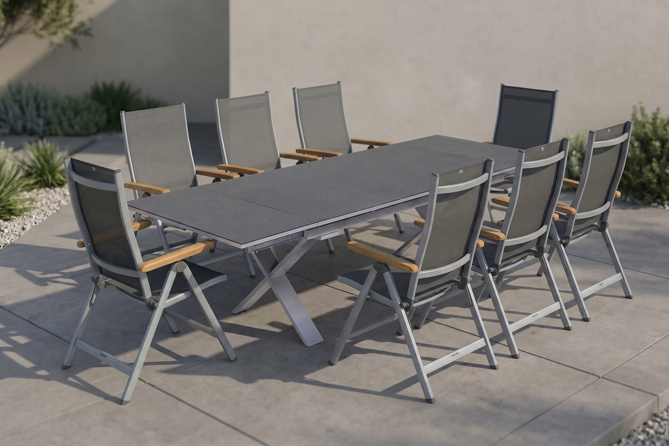 KETTLER Granada Conjunto de comedor de jardín, plateado / antracita, Alu / Spraystone / Teca, Mesa 180/280x100cm, 8 sillas plegables