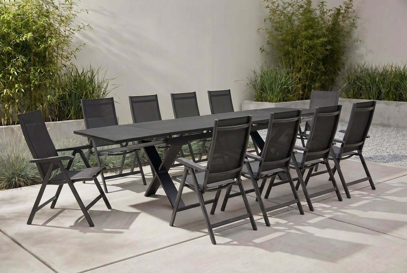 KETTLER BasicPlus Conjunto de comedor de jardín, antracita, Alu / Spraystone / Textil, mesa 180/280x100cm, 10 sillas plegables