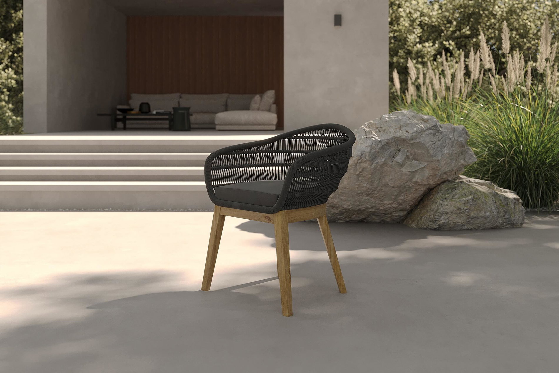 OUTFLEXX Silla de comedor, natural/negro, Madera de teca/Rope, 60 x 61 x 79 cm, incl. cojín, Producto certificado FSC®