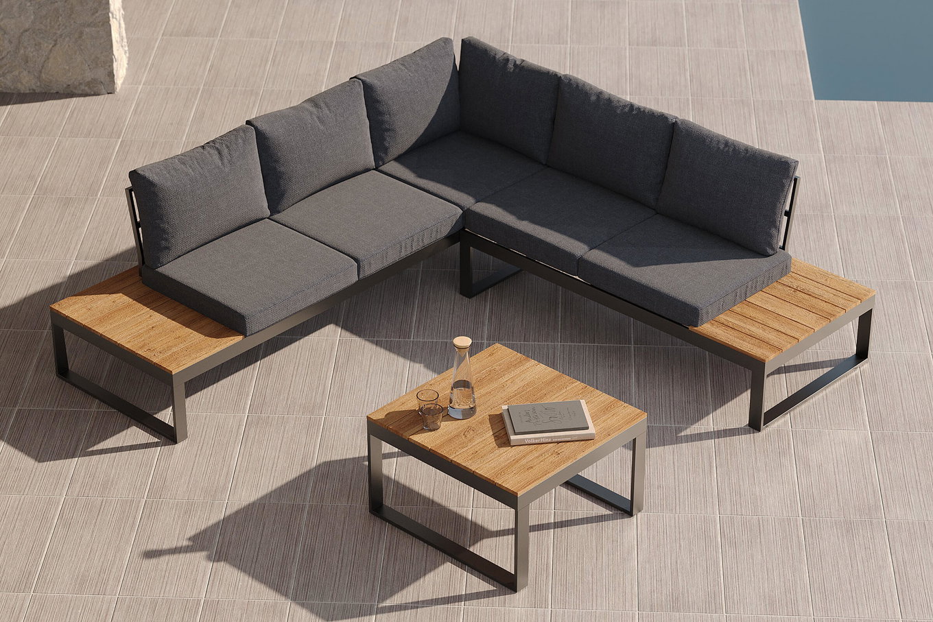 OUTFLEXX Lounge de esquina, antracita mate, Alu/imitación de madera, 5 personas, bandeja lateral