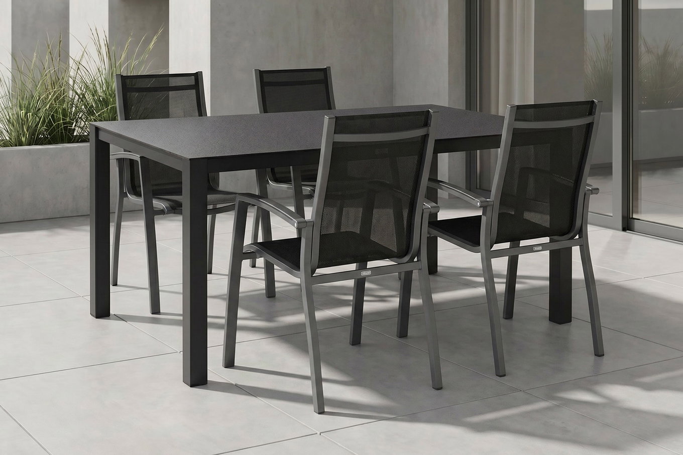 KETTLER Altura Conjunto de comedor de jardín, antracita, Alu/Spraystone/Textil, 160x95 cm, 4 sillas apilables