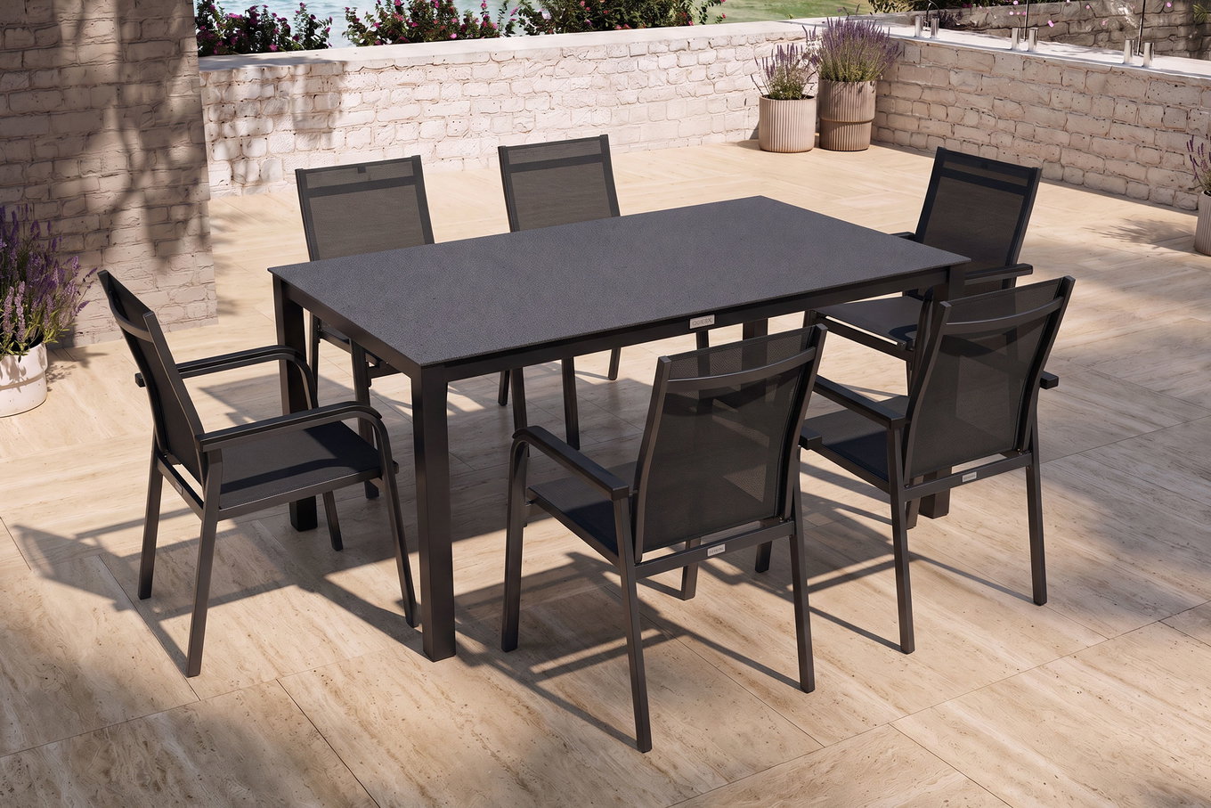 KETTLER BasicPlus Premium Conjunto de comedor de jardín, antracita, Alu/Spraystone, mesa 160x95 cm, 6 sillas apilables