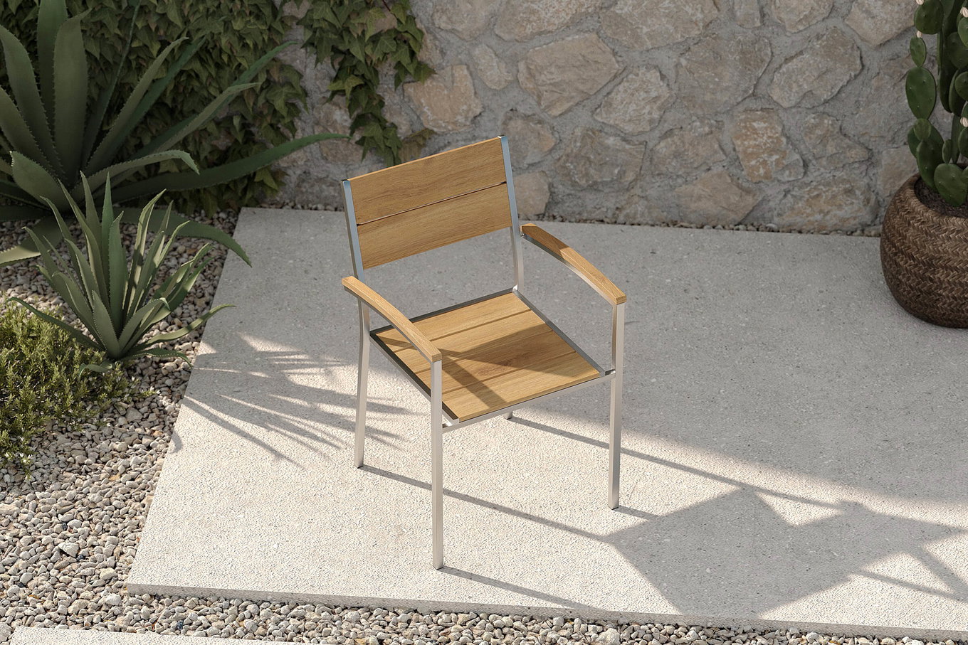 OUTFLEXX Silla apilable, plateado/natural, acero inoxidable/teca, apilable, cepillada, producto certificado FSC®