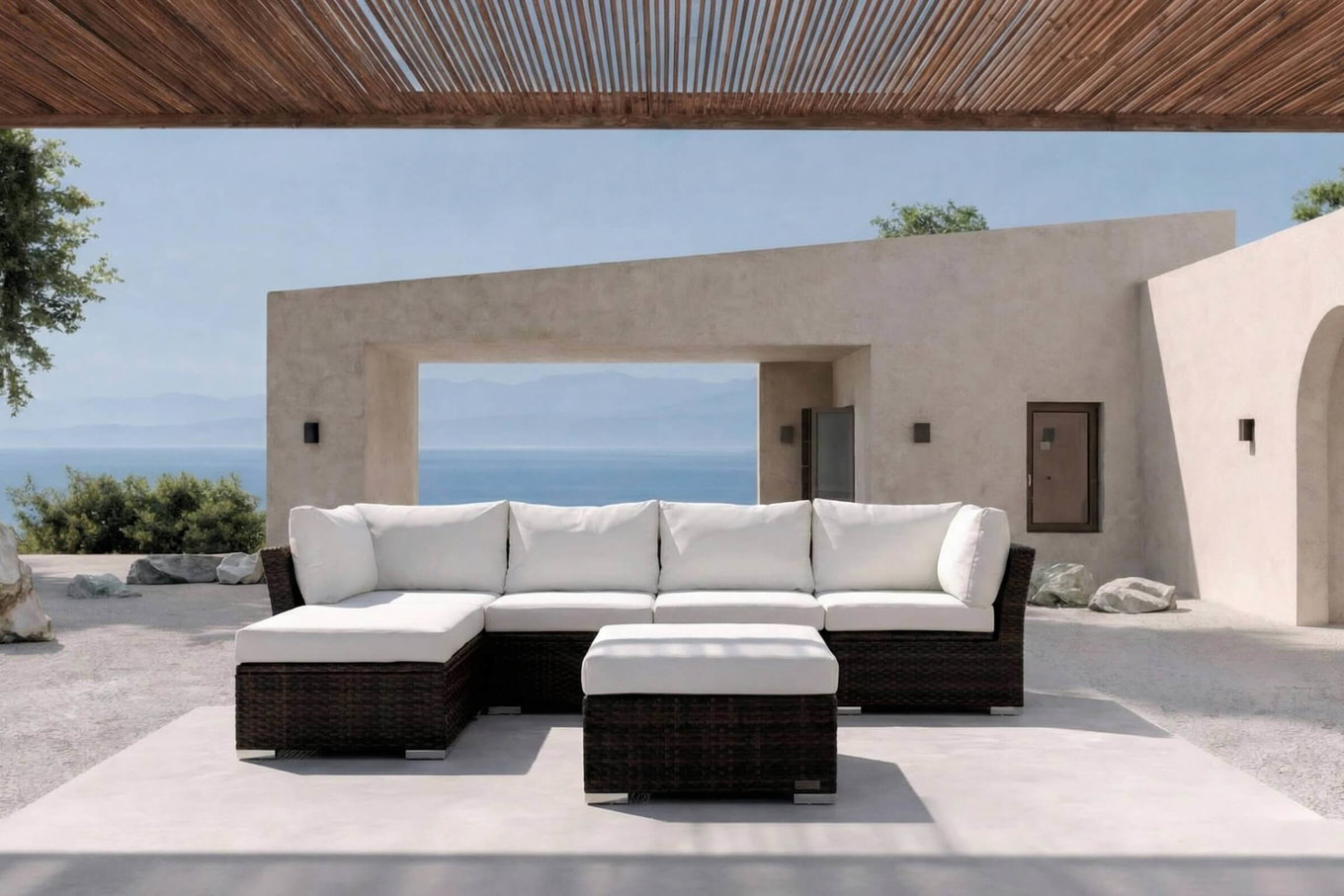 OUTFLEXX Conjunto lounge de jardín, marrón jaspeado, polirratán, incl. mesa de café, para 5 personas, arcón impermeable para cojines