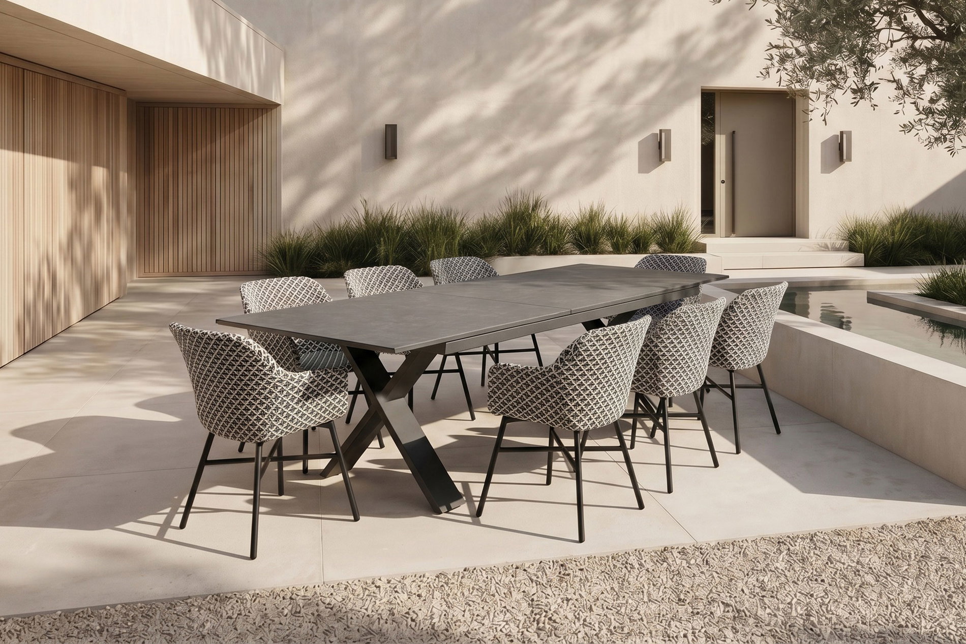 Hartman Xanadu Conjunto de comedor de jardín, negro/gris/blanco, aluminio/vitrocerámica/plástico, mesa extensible 220/280 x 100 cm, incl. 8 sillas Hartman Xanadu Conjunto de comedor de jardín, negro/gris/blanco, aluminio/vitrocerámica/plástico, mesa extensible 220/280 x 100 cm, incl. 8 sillas