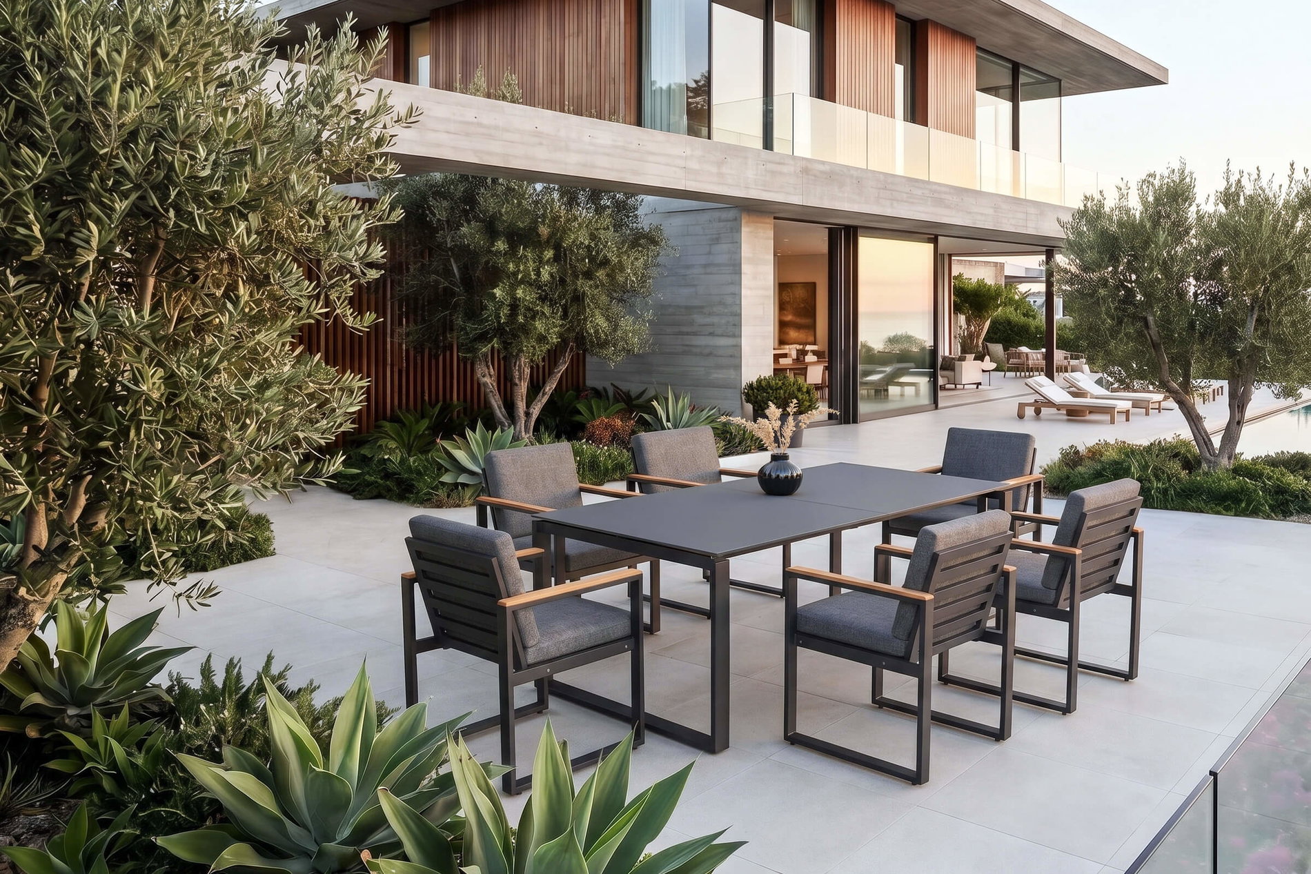 OUTFLEXX Bocas Conjunto de comedor de jardín, gris mate, aluminio/madera de teca, mesa extensible 206/266 x 100 cm, incluye 6 sillones OUTFLEXX Bocas Conjunto de comedor de jardín, gris mate, aluminio/madera de teca, mesa extensible 206/266 x 100 cm, incluye 6 sillones