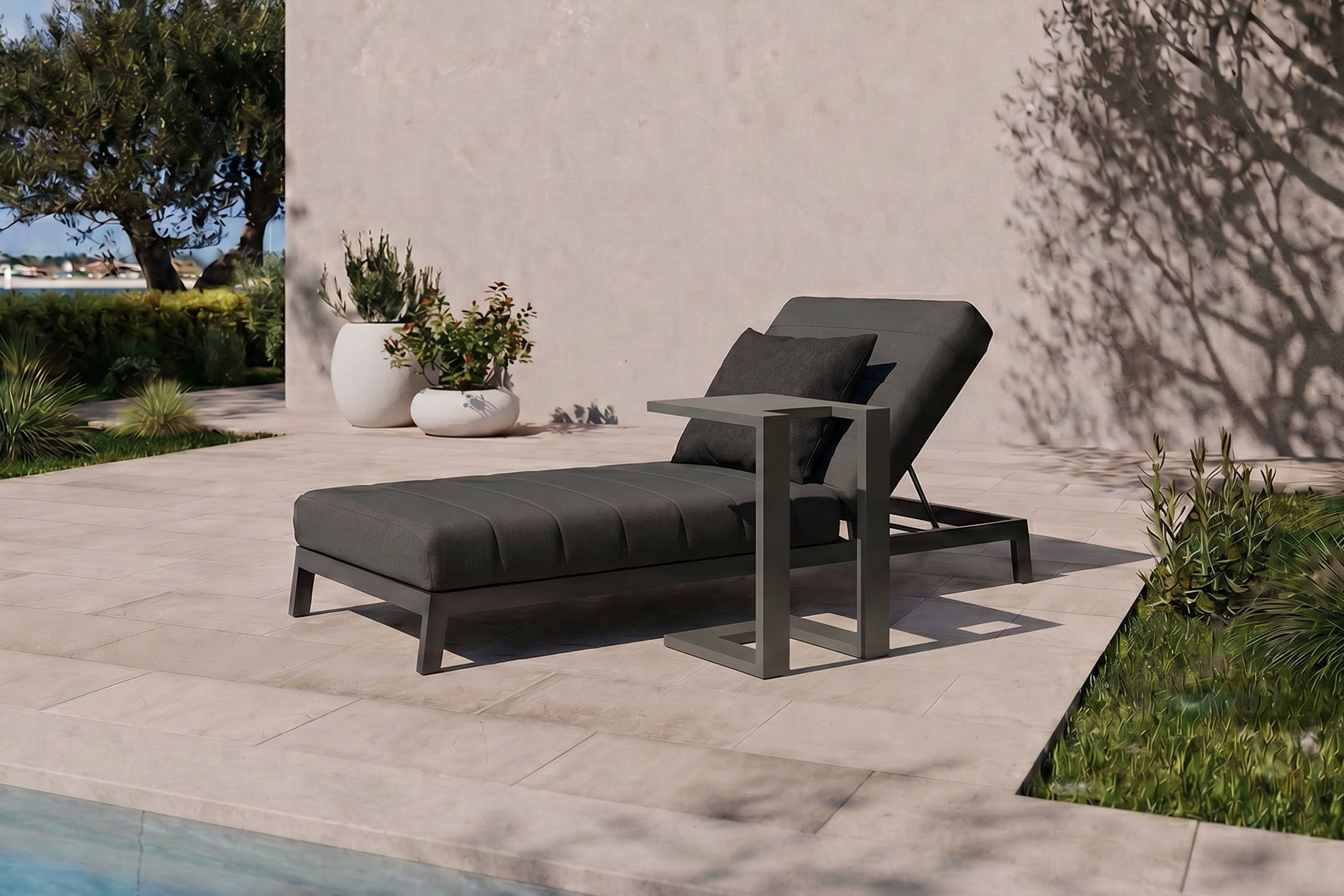 Set de tumbona de jardín OUTFLEXX Bite con mesa auxiliar, antracita, aluminio/poliéster, 205 x 90 cm, secado rápido, incluye cojín decorativo