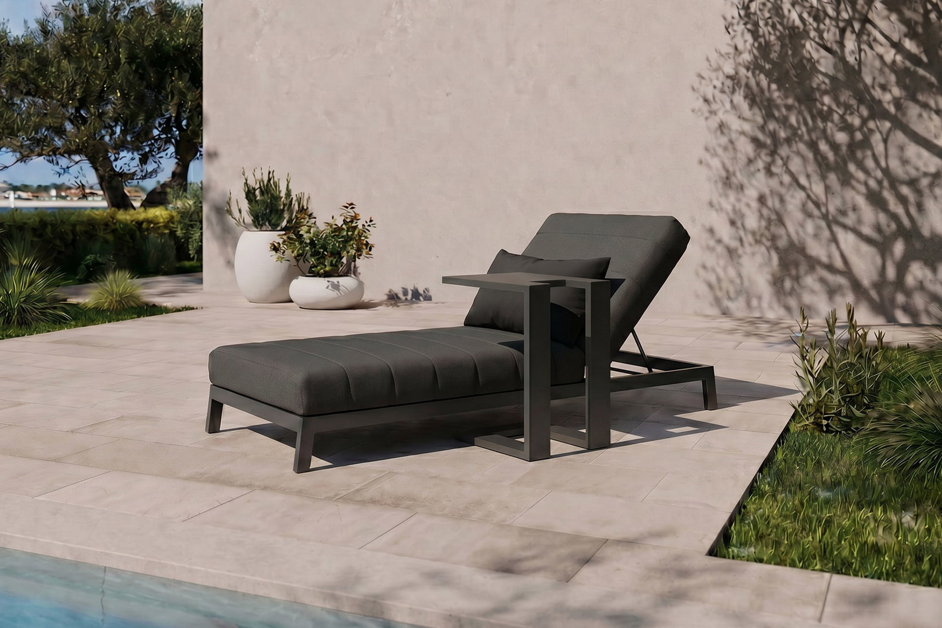 Conjunto de tumbonas de jardín OUTFLEXX Bite, antracita/gris, aluminio/poliéster, 205 x 90 cm, secado rápido, material inoxidable, cojín incluido
