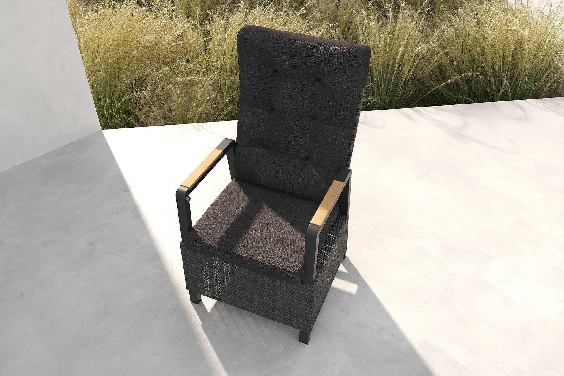 Silla de comedor OUTFLEXX Nova, antracita/gris, Aluminio/Polirratán, 58 x 68 x 108 cm, respaldo ajustable, con reposabrazos de madera de teca, producto certificado FSC®