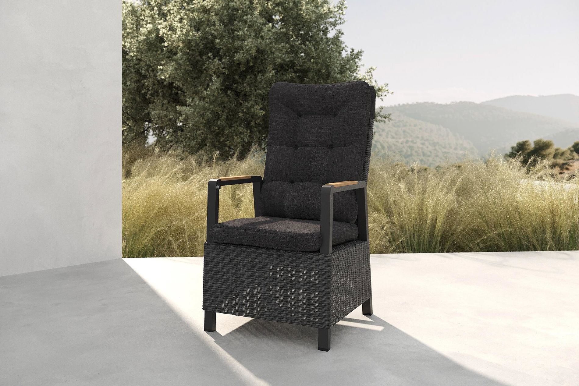 Silla de comedor OUTFLEXX Nova, antracita/gris, Aluminio/Polirratán, 58 x 68 x 108 cm, respaldo ajustable, con reposabrazos de madera de teca, producto certificado FSC®