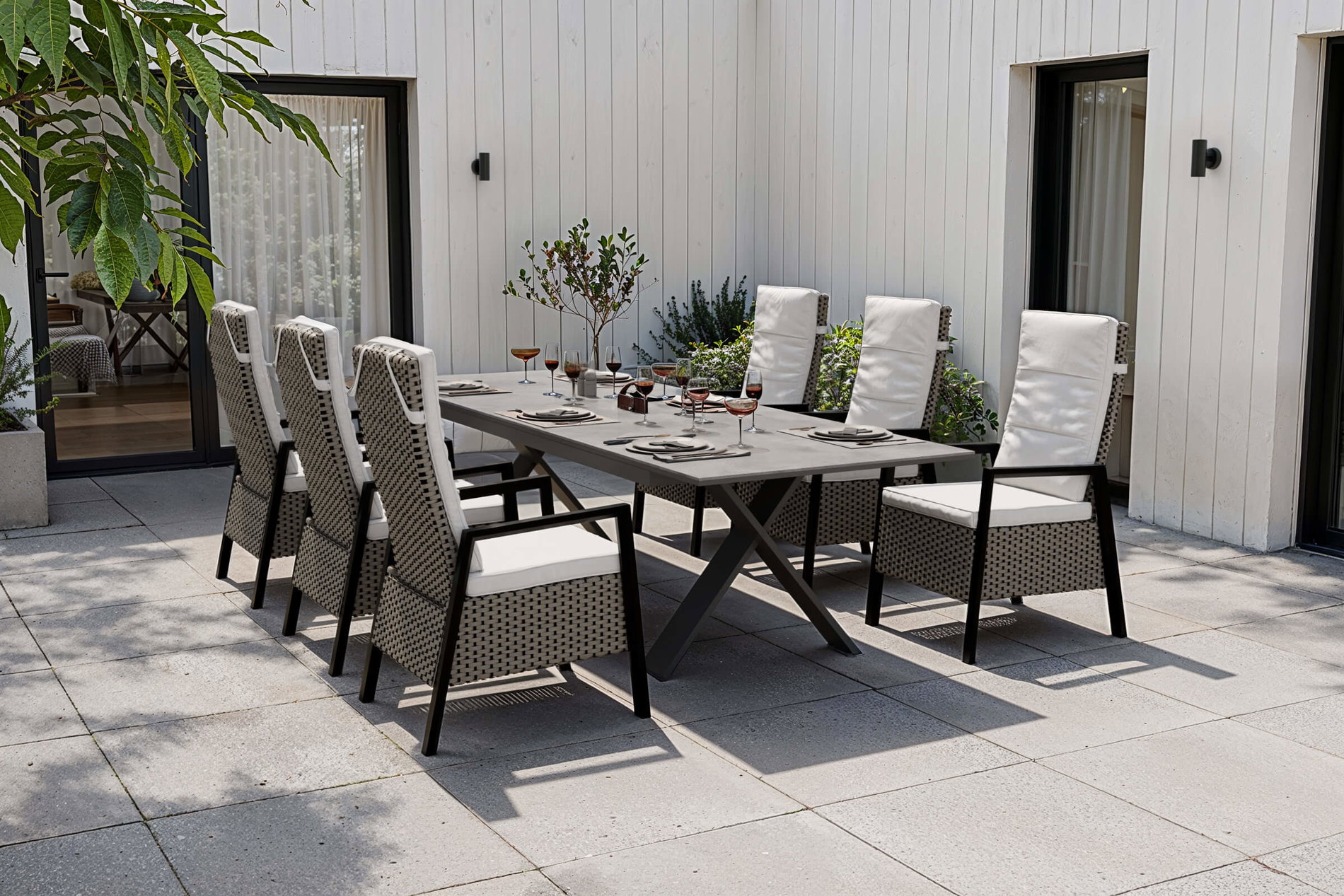 Conjunto de comedor de jardín Hartman Xanadu, antracita/gris, aluminio/polirratán, Tablero de la mesa extensible 220/280 x 100 cm, recubrimiento en polvo, incluye 6 sillones Conjunto de comedor de jardín Hartman Xanadu, antracita/gris, aluminio/polirratán, Tablero de la mesa extensible 220/280 x 100 cm, recubrimiento en polvo, incluye 6 sillones