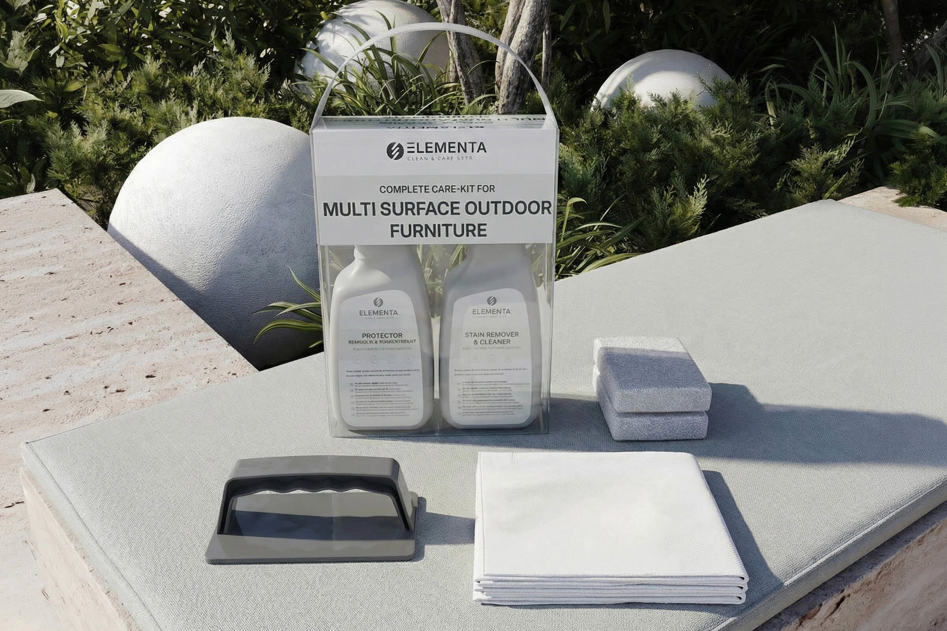 ELEMENTA Multi Surface KITS 3-in-1 Box Pflegemittel, Gartenmöbelreinigung und Oberflächenschutz, 2 x 750 ml ELEMENTA Multi Surface KITS 3-in-1 Box Pflegemittel, Gartenmöbelreinigung und Oberflächenschutz, 2 x 750 ml