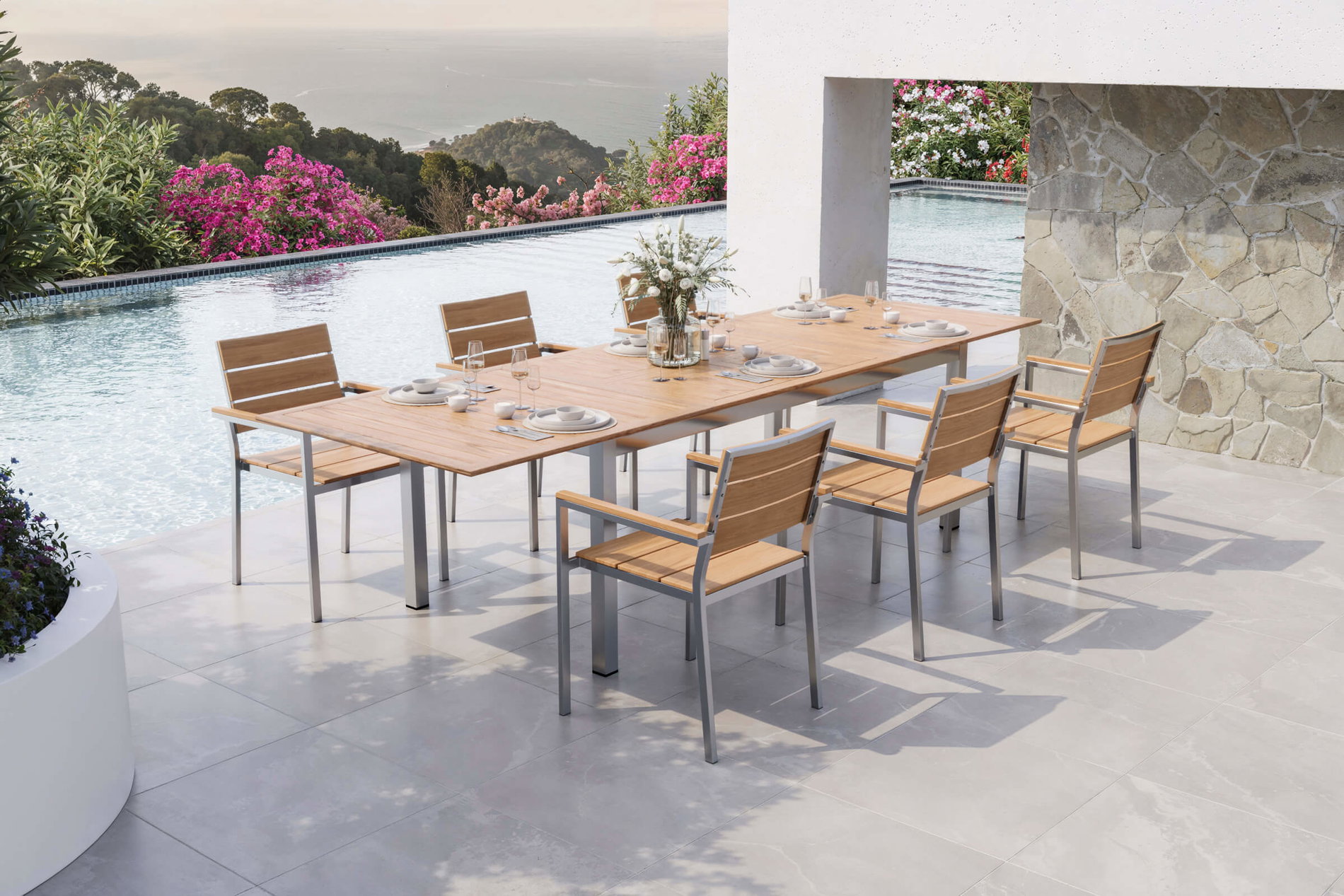 OUTFLEXX Falun Garten-Essgruppe mit 6 Sesseln, braun, Edelstahl/Teakholz, 200 x 100 cm ausziehbar, stapelbar, FSC®-zertifiziertes Produkt OUTFLEXX Falun Garten-Essgruppe mit 6 Sesseln, braun, Edelstahl/Teakholz, 200 x 100 cm ausziehbar, stapelbar, FSC®-zertifiziertes Produkt
