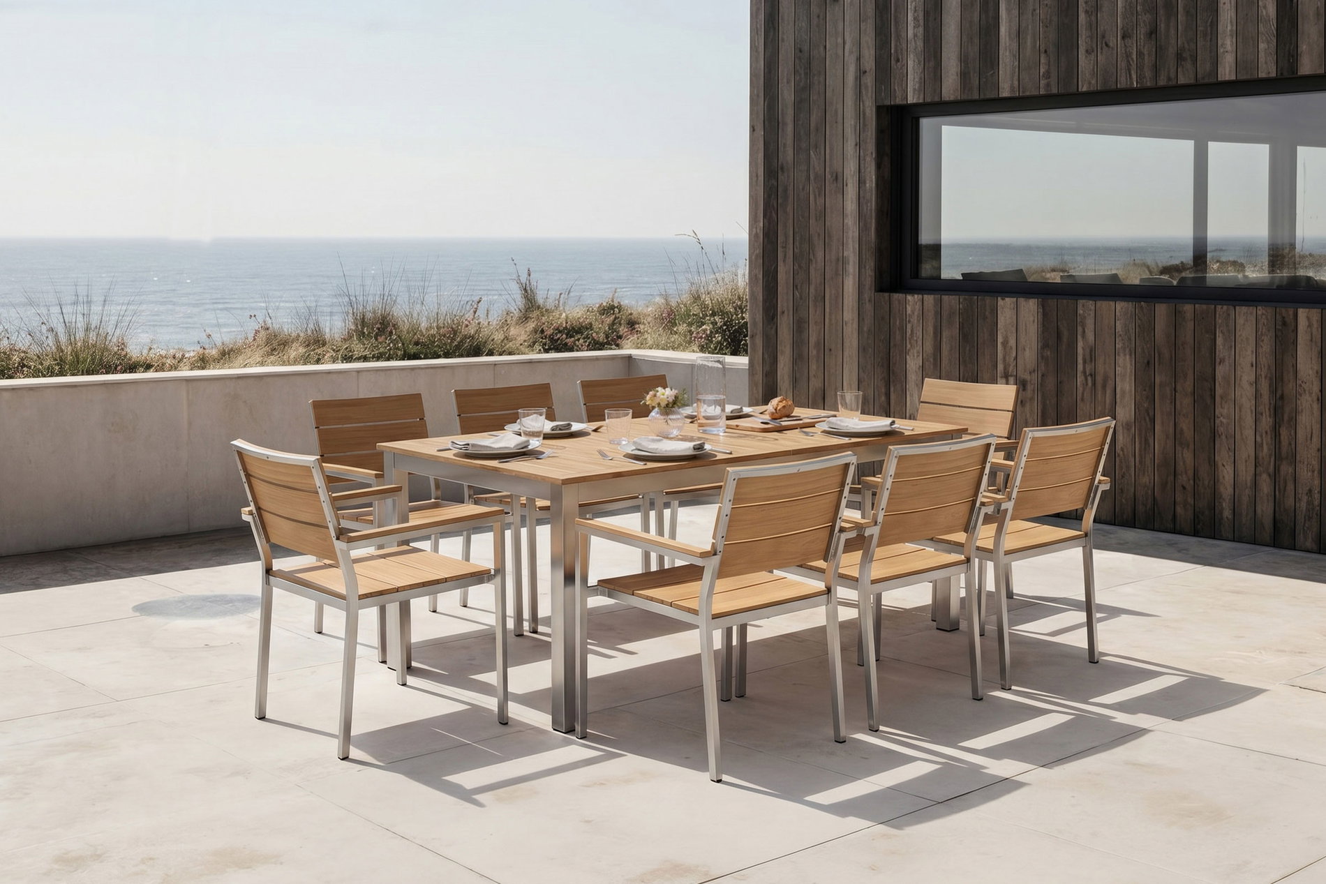OUTFLEXX Falun Garten-Essgruppe mit 8 Sesseln, braun, Teakholz/Edelstahl, 180/240 x 100 cm, ausziehbar, stapelbar, FSC®-zertifiziertes Produkt OUTFLEXX Falun Garten-Essgruppe mit 8 Sesseln, braun, Teakholz/Edelstahl, 180/240 x 100 cm, ausziehbar, stapelbar, FSC®-zertifiziertes Produkt