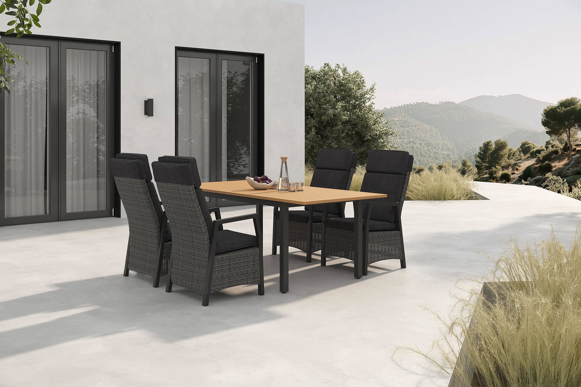 HARTMAN Nova Garten-Essgruppe mit 4 Sesseln, anthrazit/grau, Alu/Polyrattan/Teak, 150/210 x 90 cm, ausziehbarer Tisch, verstellbare Rückenlehne HARTMAN Nova Garten-Essgruppe mit 4 Sesseln, anthrazit/grau, Alu/Polyrattan/Teak, 150/210 x 90 cm, ausziehbarer Tisch, verstellbare Rückenlehne