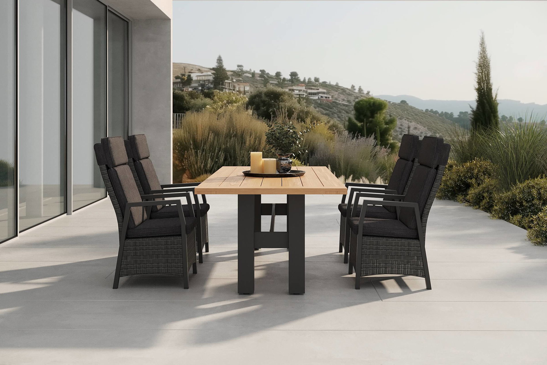 Conjunto de comedor de jardín Hartman Nova con 4 sillones, antracita/gris, aluminio/polirratán/teca, mesa de 240 x 100 cm, respaldo ajustable Conjunto de comedor de jardín Hartman Nova con 4 sillones, antracita/gris, aluminio/polirratán/teca, mesa de 240 x 100 cm, respaldo ajustable