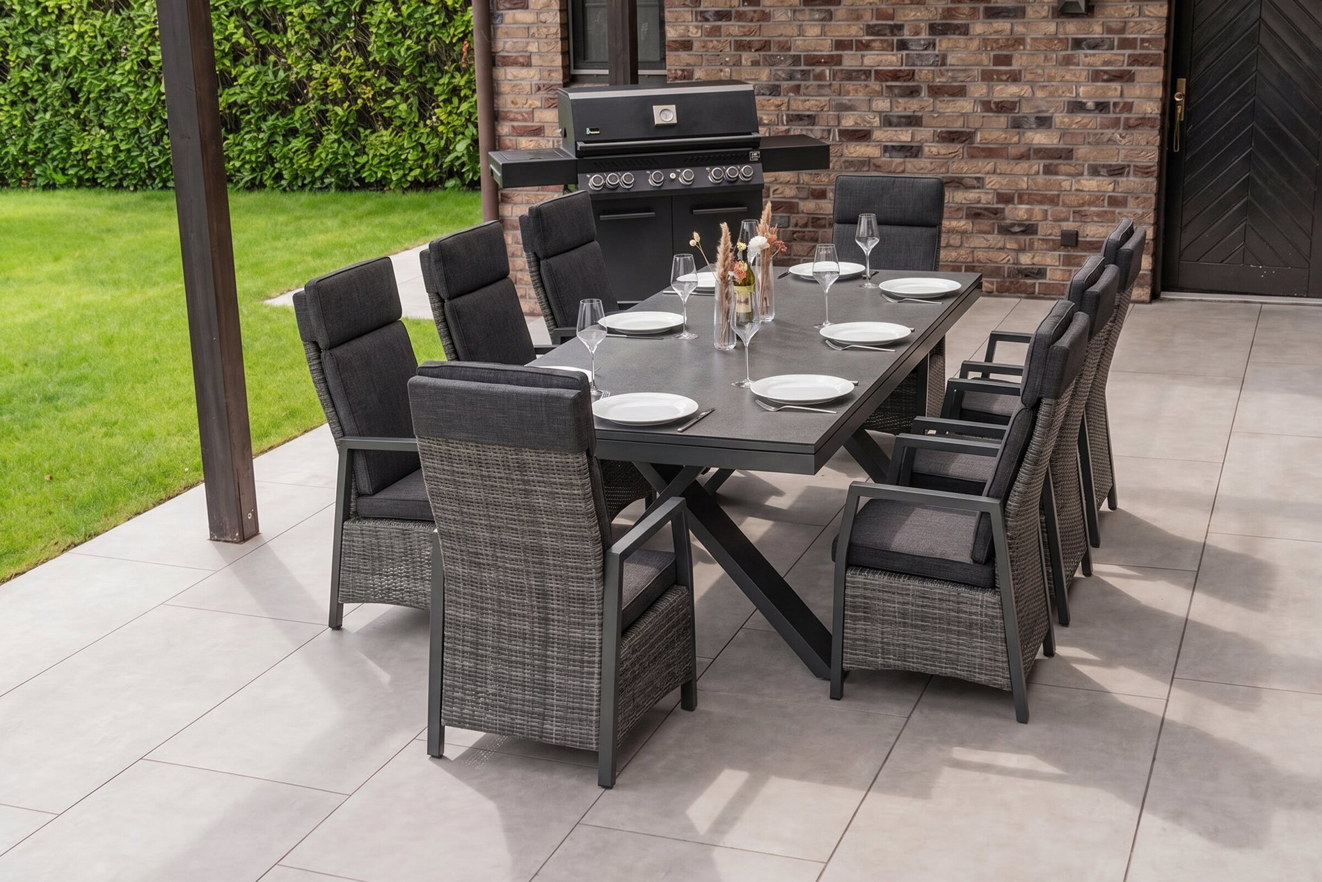 HARTMAN Nova Garten-Essgruppe, anthrazit/grau, Alu/Polyrattan/Glaskeramik, 220/280 x 100 cm, ausziehbarer Tisch, verstellbare Sessel