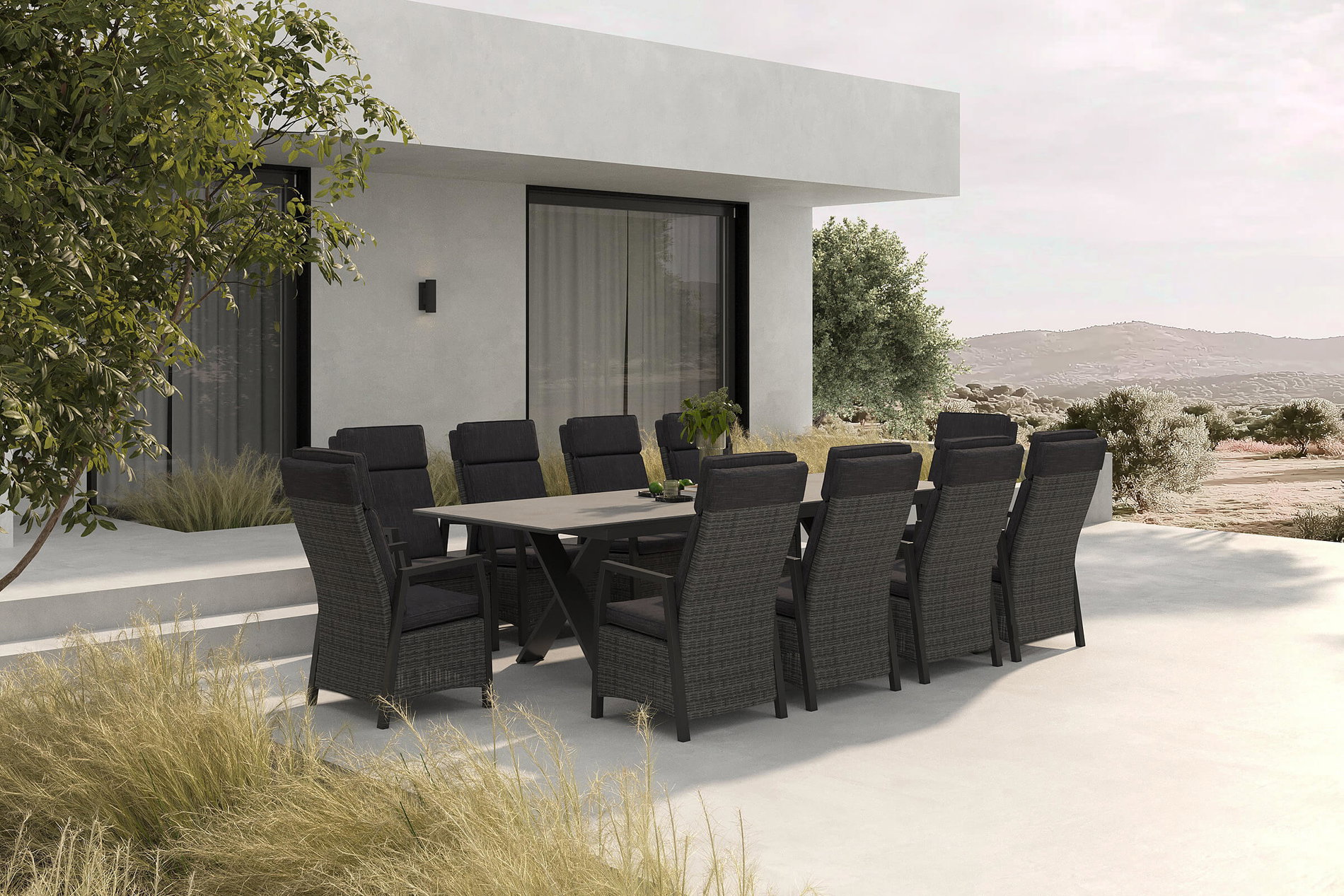 HARTMAN Nova Garten-Essgruppe mit 10 Sesseln, anthrazit/grau, Alu/Polyrattan/Glaskeramik, 220/280 x 100 cm, ausziehbar, verstellbare Rückenlehne