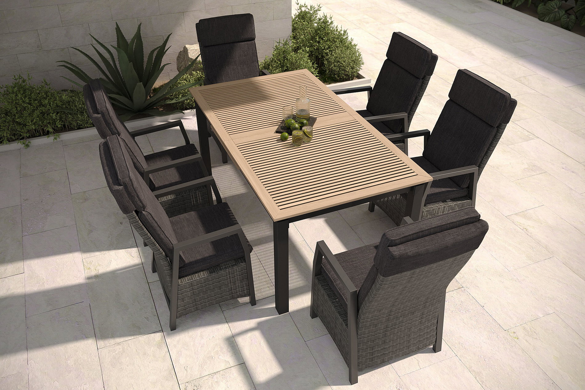 OUTFLEXX Nova Garten-Essgruppe, anthrazit/grau, Alu/Polyrattan/Teak, Tisch 180/240 x 100 cm, verstellbare Rückenlehne, inkl. 6 Sessel