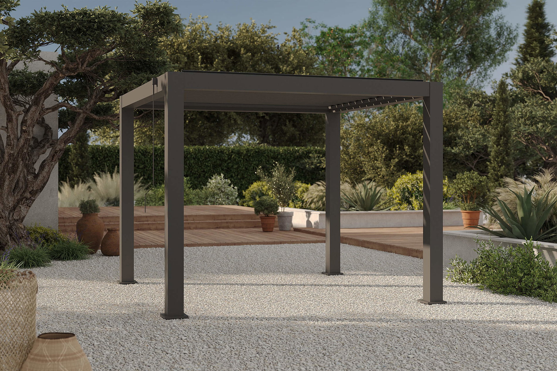 Pérgola de lamas OUTFLEXX Antalya, negra, aluminio con recubrimiento en polvo, 3 x 3 m, resistente a la intemperie, techo de lamas regulable