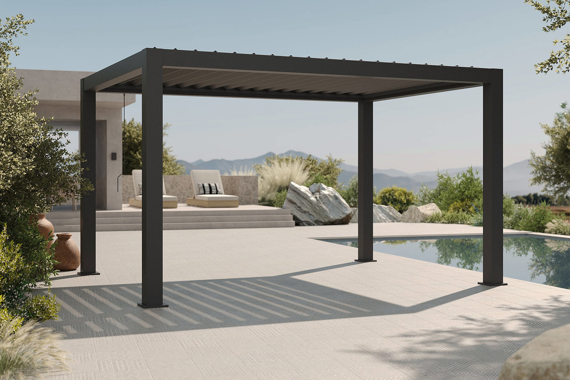 OUTFLEXX Antalya Pérgola de lamas, negro, aluminio con recubrimiento de polvo, 3 x 4 m, resistente a la intemperie, techo de lamas ajustable