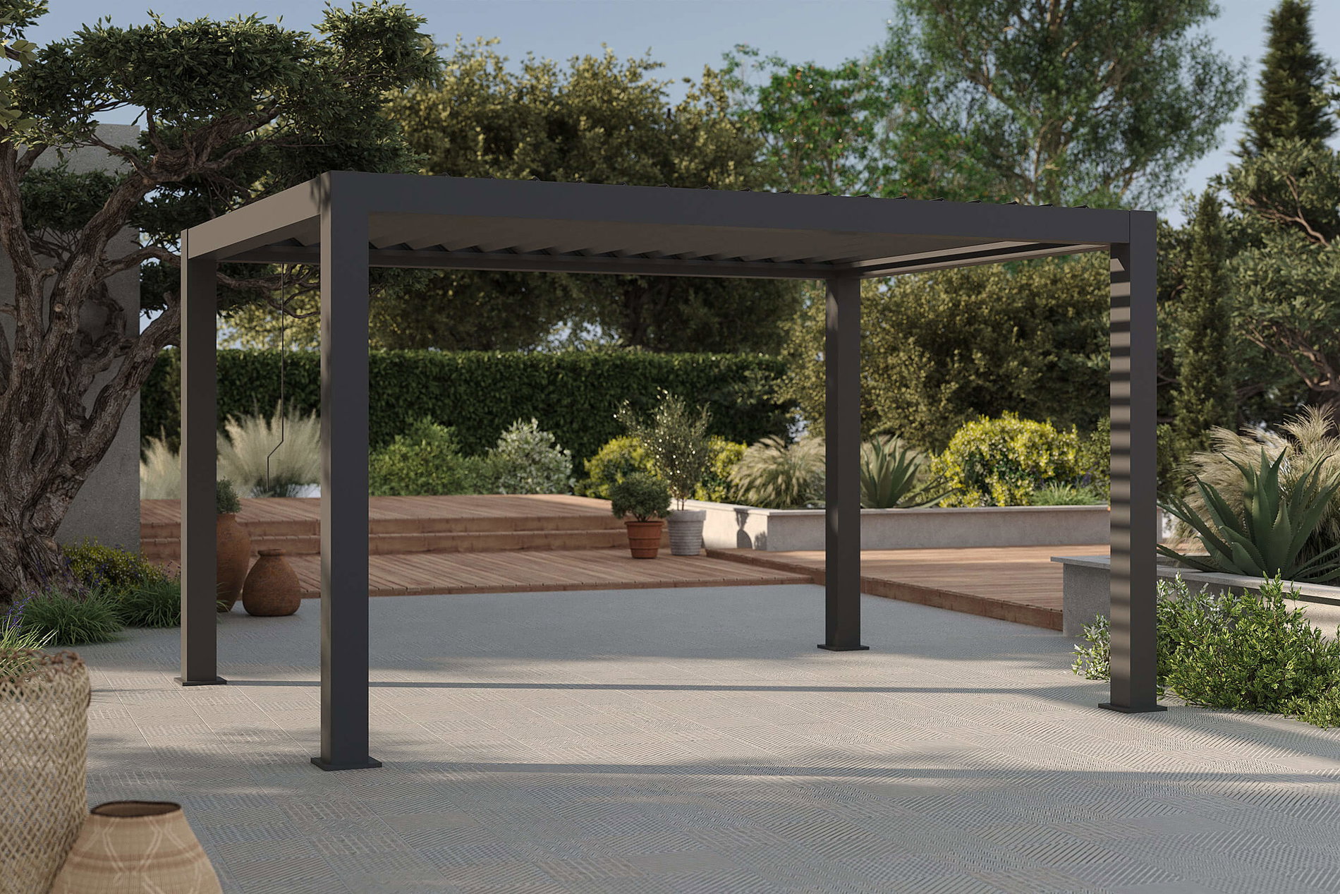 OUTFLEXX Antalya Pérgola de lamas, negro, aluminio, 4 x 4 m, con recubrimiento en polvo, resistente al clima, lamas ajustables