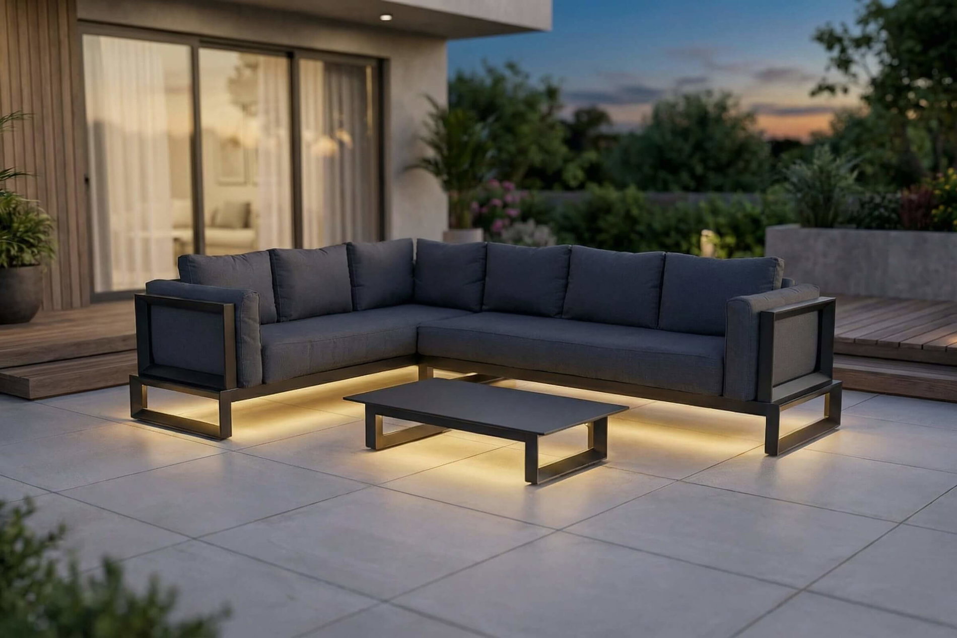 OUTFLEXX Luminara Lounge de jardín con LED, antracita/gris oscuro, aluminio/poliéster, recubierto de polvo, con iluminación