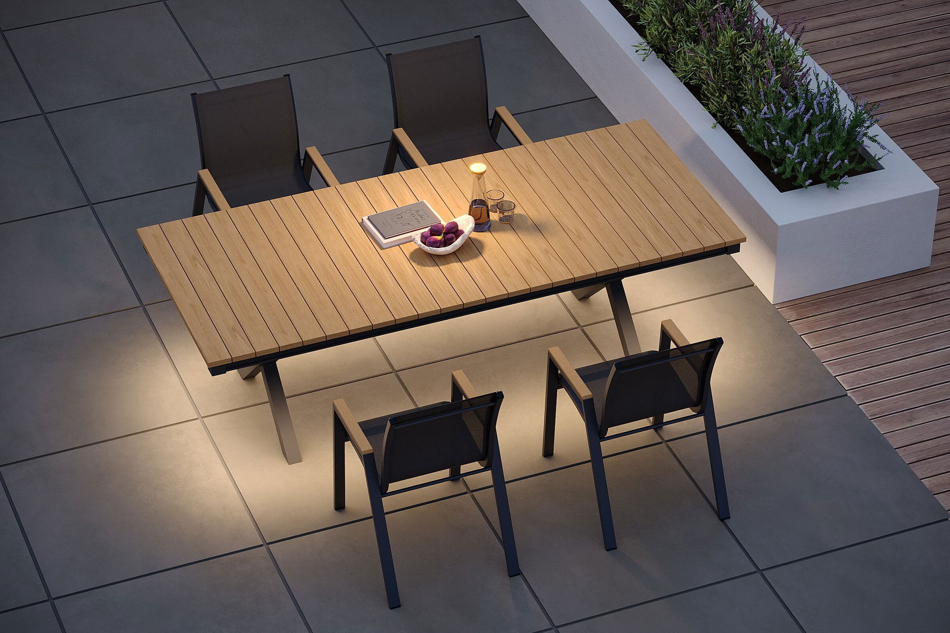 OUTFLEXX Luminara Conjunto de comedor de jardín con iluminación LED, antracita mate/natural, aluminio/imitación de madera/textileno, mesa 240 x 100 cm, 4 sillones apilables