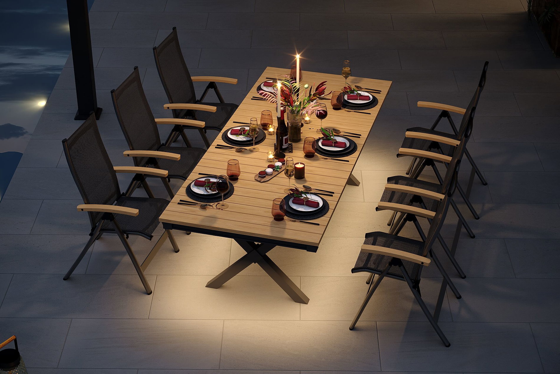 OUTFLEXX Luminara Garten-Essgruppe mit LED-Beleuchtung, anthrazit matt/natur, Aluminium/Textilen/Holzimitat, 240 x 100 cm, 6 Klappstühle OUTFLEXX Luminara Garten-Essgruppe mit LED-Beleuchtung, anthrazit matt/natur, Aluminium/Textilen/Holzimitat, 240 x 100 cm, 6 Klappstühle