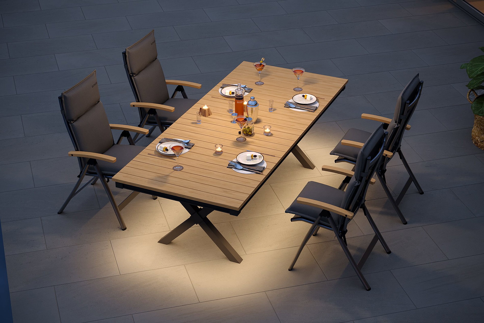 OUTFLEXX Luminara Conjunto de comedor de jardín con iluminación LED, antracita mate/natural, aluminio/textiles/imitación de madera, 240 x 100 cm, 4 sillas plegables, incl. cojines OUTFLEXX Luminara Conjunto de comedor de jardín con iluminación LED, antracita mate/natural, aluminio/textiles/imitación de madera, 240 x 100 cm, 4 sillas plegables, incl. cojines