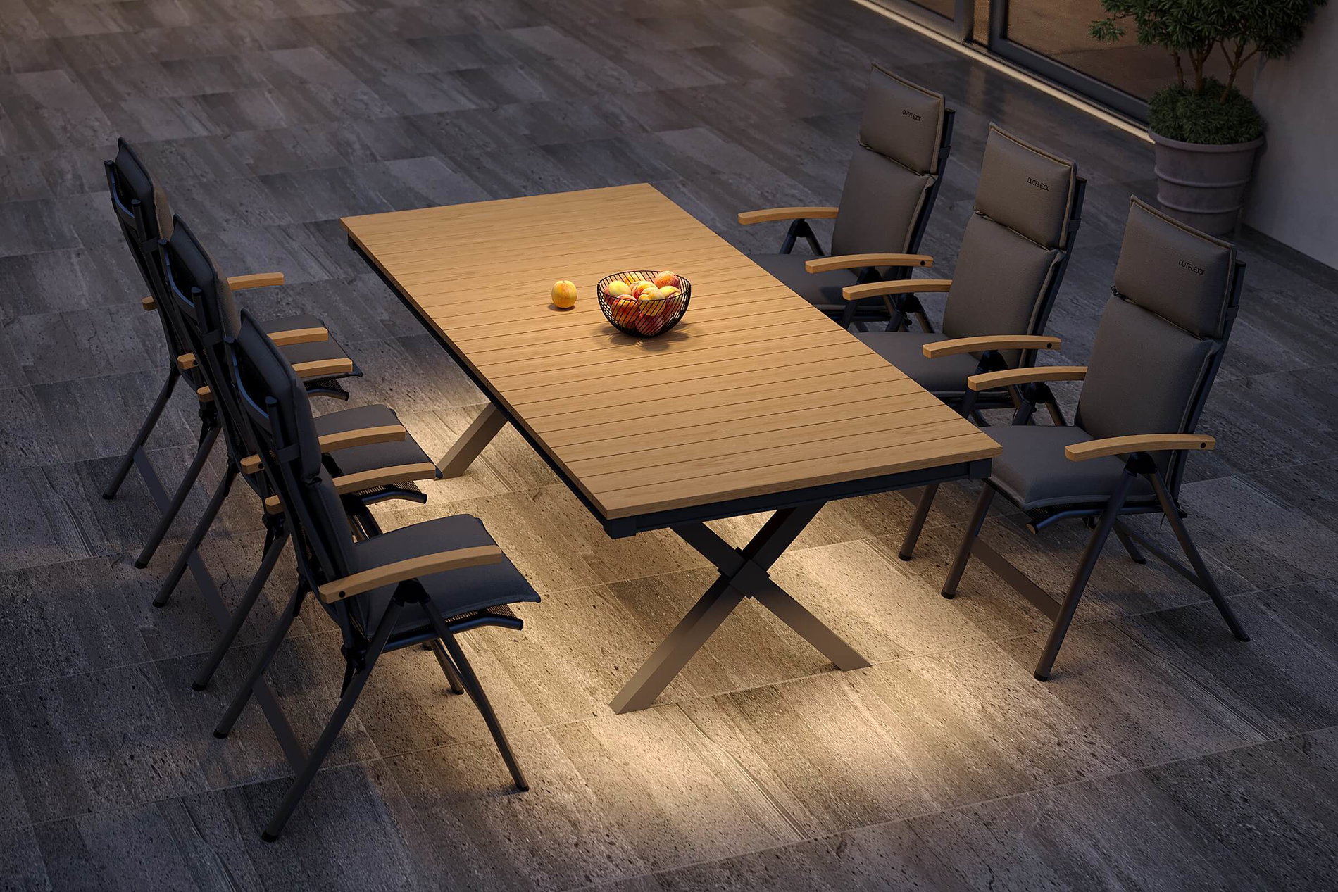 OUTFLEXX Luminara Conjunto de comedor de jardín con iluminación LED, antracita mate/natural, aluminio/textileno, mesa 240 x 100 cm, incl. 6 sillas plegables OUTFLEXX Luminara Conjunto de comedor de jardín con iluminación LED, antracita mate/natural, aluminio/textileno, mesa 240 x 100 cm, incl. 6 sillas plegables