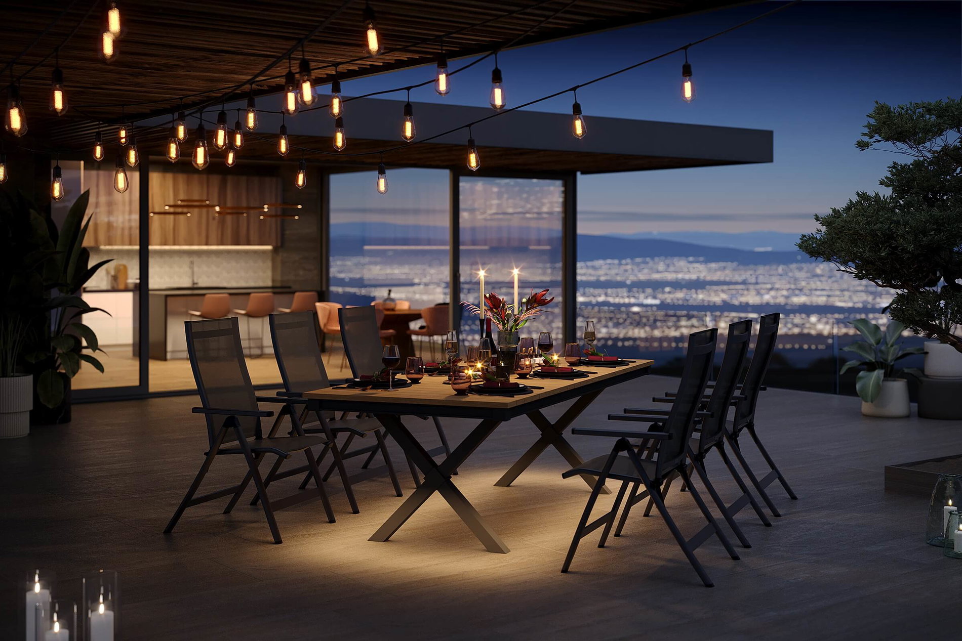OUTFLEXX Luminara Garten-Essgruppe, anthrazit matt/natur, Alu / Holzimitat / Textilen, 240 x 100 cm, 6 Klappstühle, Tischplatte mit LED-Beleuchtung