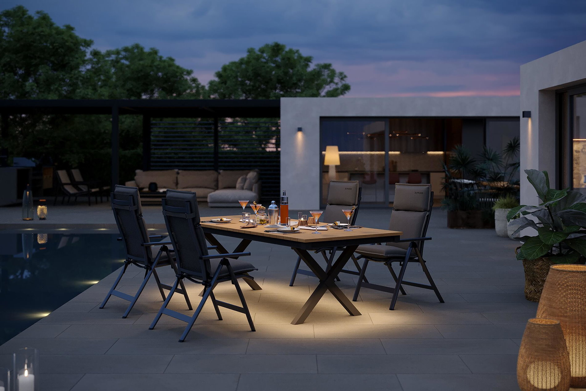 OUTFLEXX Luminara Conjunto de comedor de jardín, antracita mate/natural, aluminio / imitación de madera / textilen, 240 x 100 cm, 4 sillas plegables, 4 cojines, con iluminación LED OUTFLEXX Luminara Conjunto de comedor de jardín, antracita mate/natural, aluminio / imitación de madera / textilen, 240 x 100 cm, 4 sillas plegables, 4 cojines, con iluminación LED
