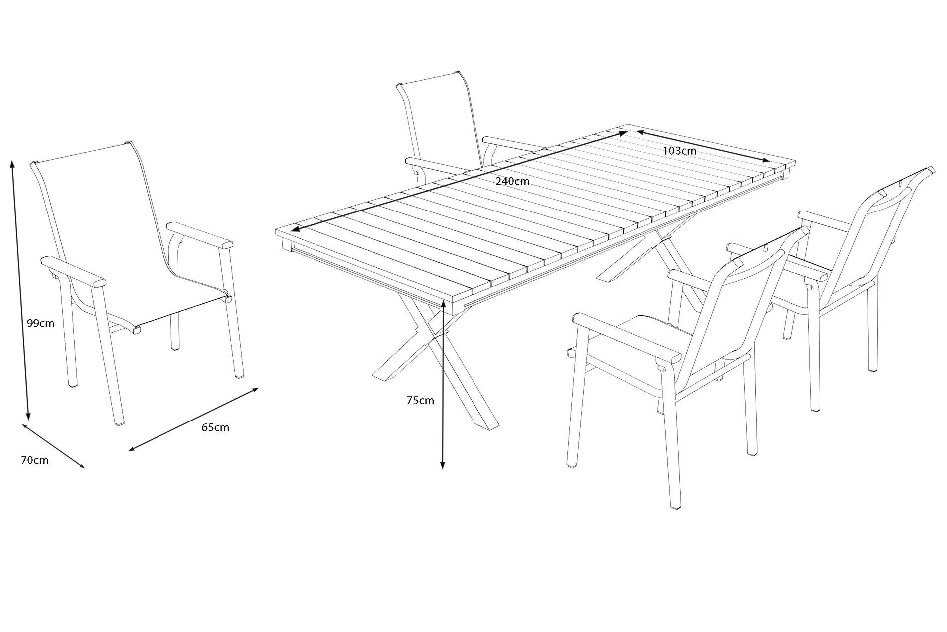 KETTLER Modelo exclusivo BasicPlus 2026, Conjunto de comedor de jardín con iluminación LED, antracita/natural, Aluminio/Imitación de madera, 240 x 100 cm, 4 sillas apilables