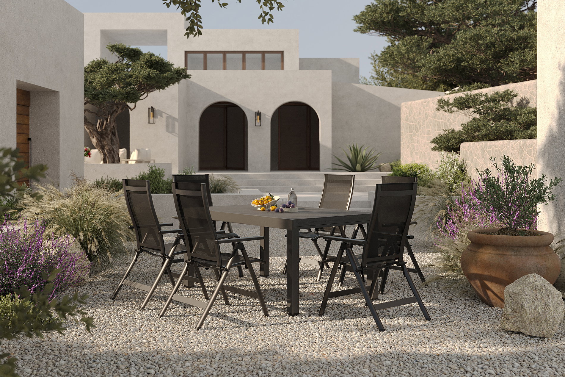 OUTFLEXX Premium Garten-Essgruppe, anthrazit matt/schwarz, Alu/Textilene/Spraystone, Tisch 160/260 x 100 cm, ausziehbar, 6 Klappstühle