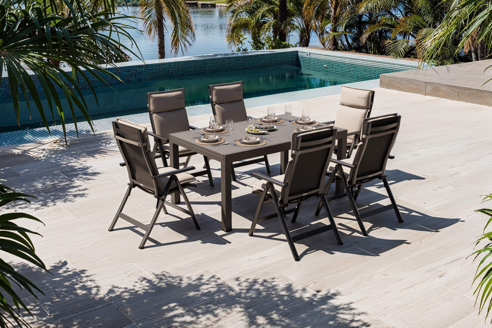Conjunto de comedor de jardín Premium OUTFLEXX, antracita mate/negro/natural, Alu/Spraystone/Textilene, 160/260 x 100 cm, 6 sillas plegables incl. 6 cojines