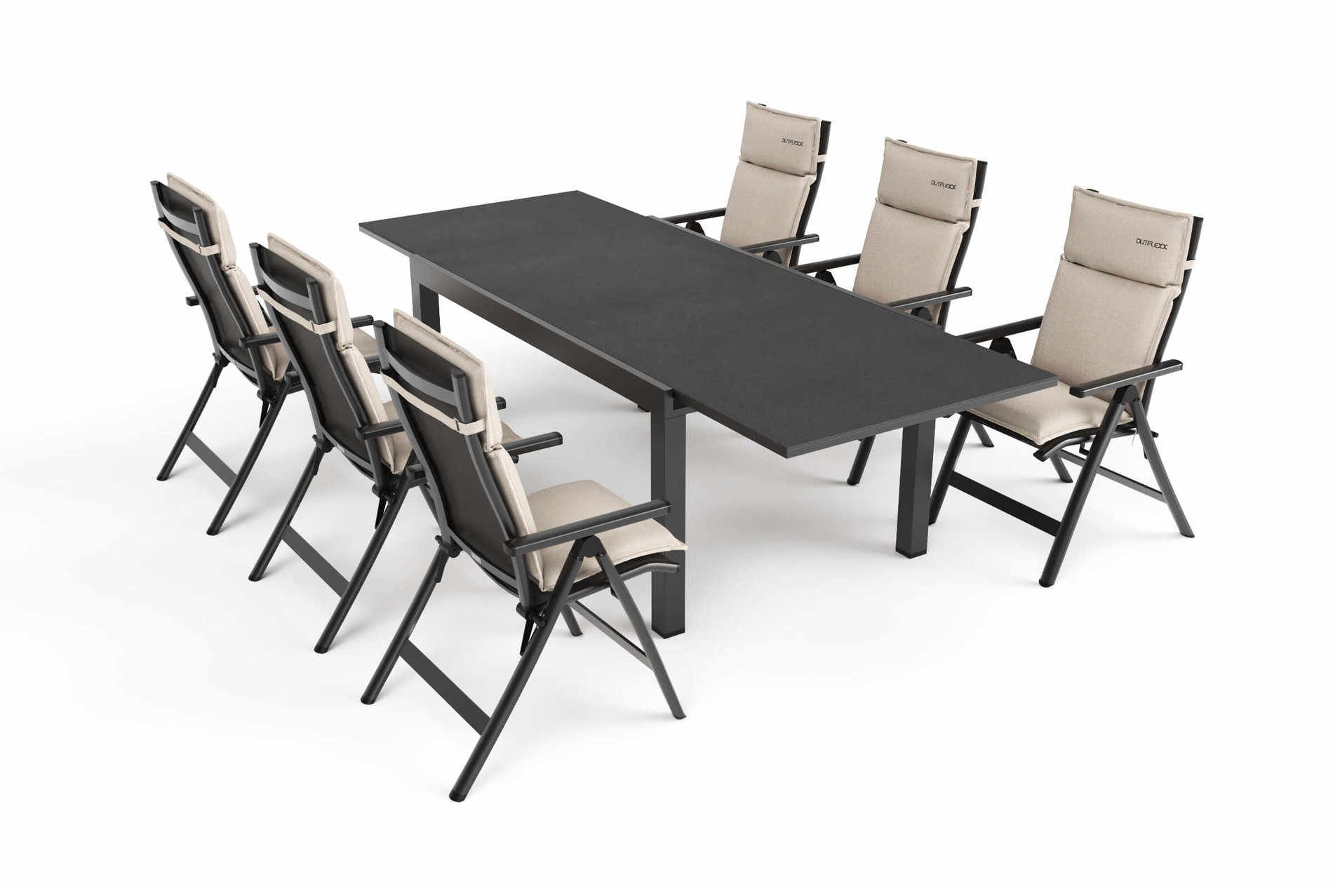 Conjunto de comedor de jardín Premium OUTFLEXX, antracita mate/negro/natural, Alu/Spraystone/Textilene, 160/260 x 100 cm, 6 sillas plegables incl. 6 cojines