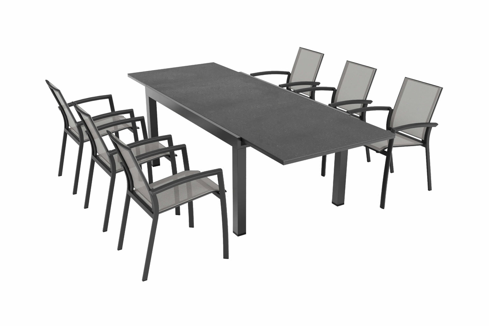 Conjunto de comedor de jardín OUTFLEXX Premium, antracita mate/antracita, aluminio/Spraystone/Ranotex, mesa 160/260 x 100 cm, 6 sillas apilables