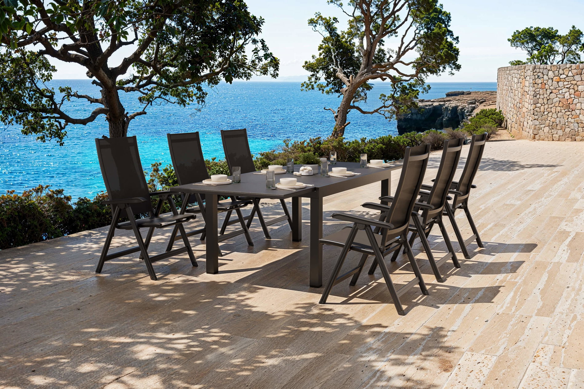 Conjunto de comedor de jardín Kettler BasicPlus, antracita/negro, aluminio/textilene/cristal Spraystone, mesa 160/260 x 100 cm, 6 sillas plegables