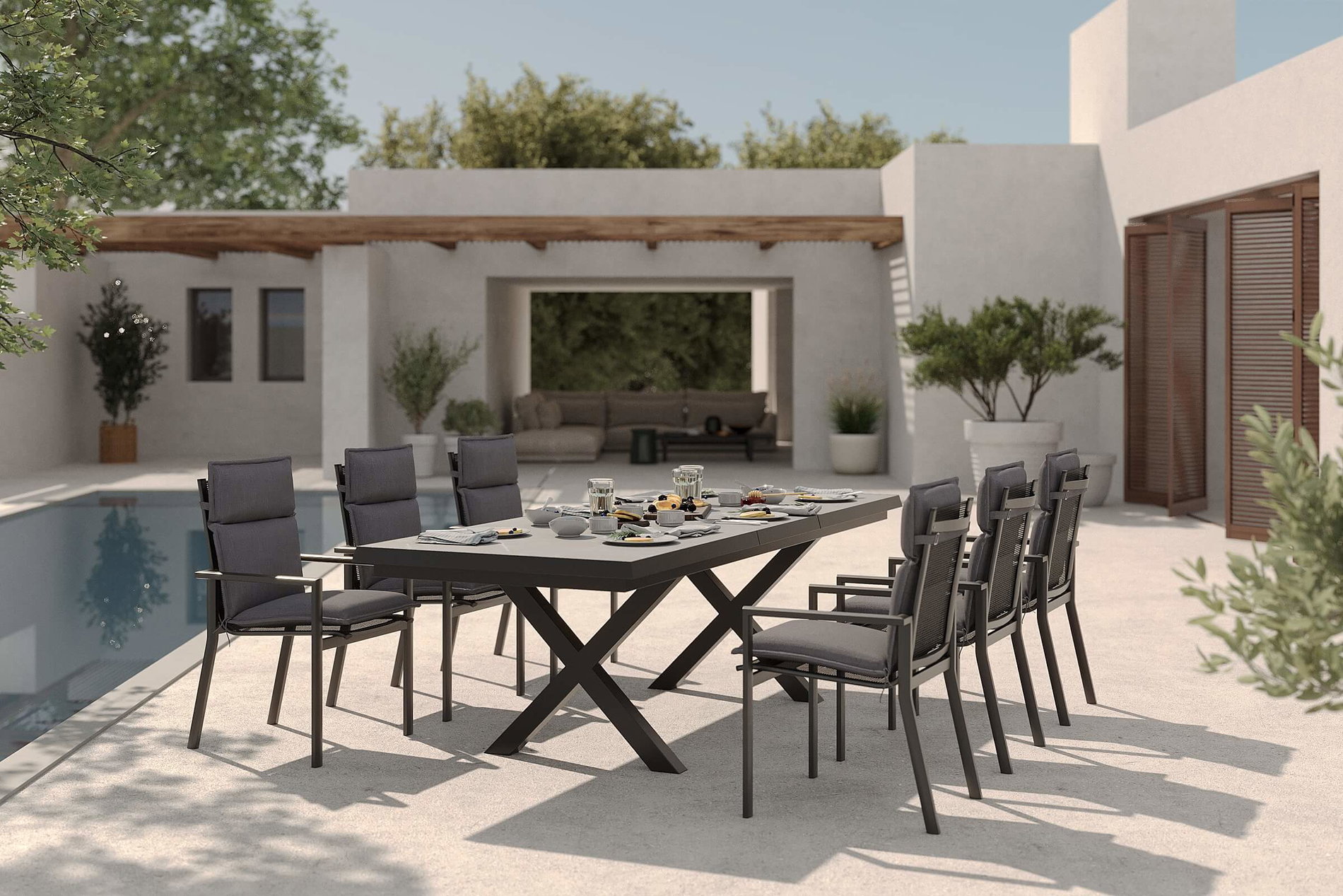 OUTFLEXX Serro Conjunto de comedor de jardín, antracita mate/negro/gris, Alu/Imitación de piedra/Textilene/Poliéster, Mesa 200/260 x 100 cm, 6 sillas apilables incl. 6 cojines