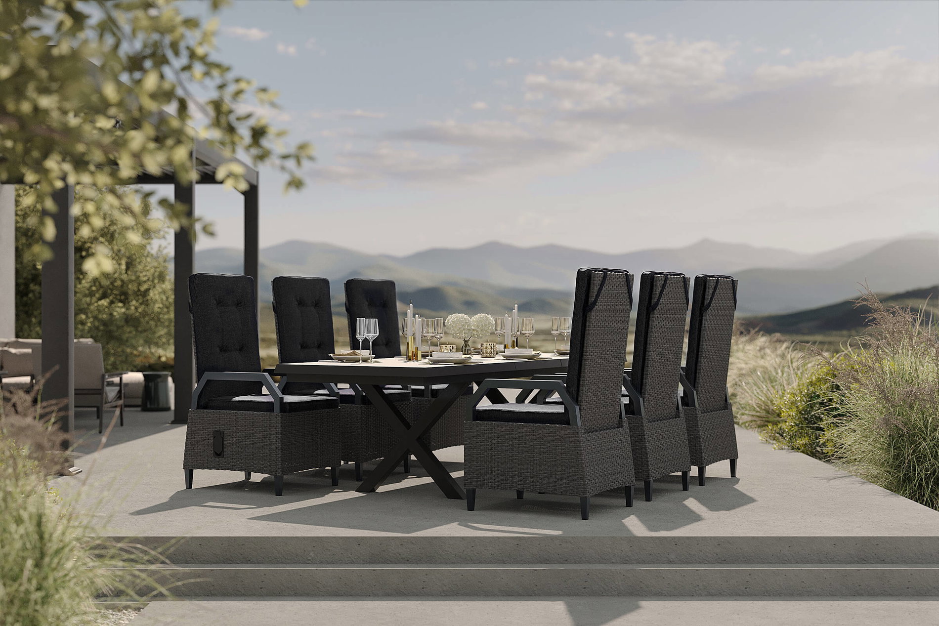 OUTFLEXX Serro Conjunto de comedor de jardín, negro/gris, Aluminio/Polirratán/Imitación de piedra, 200/260 x 100 cm, extensible, 6 sillones dining
