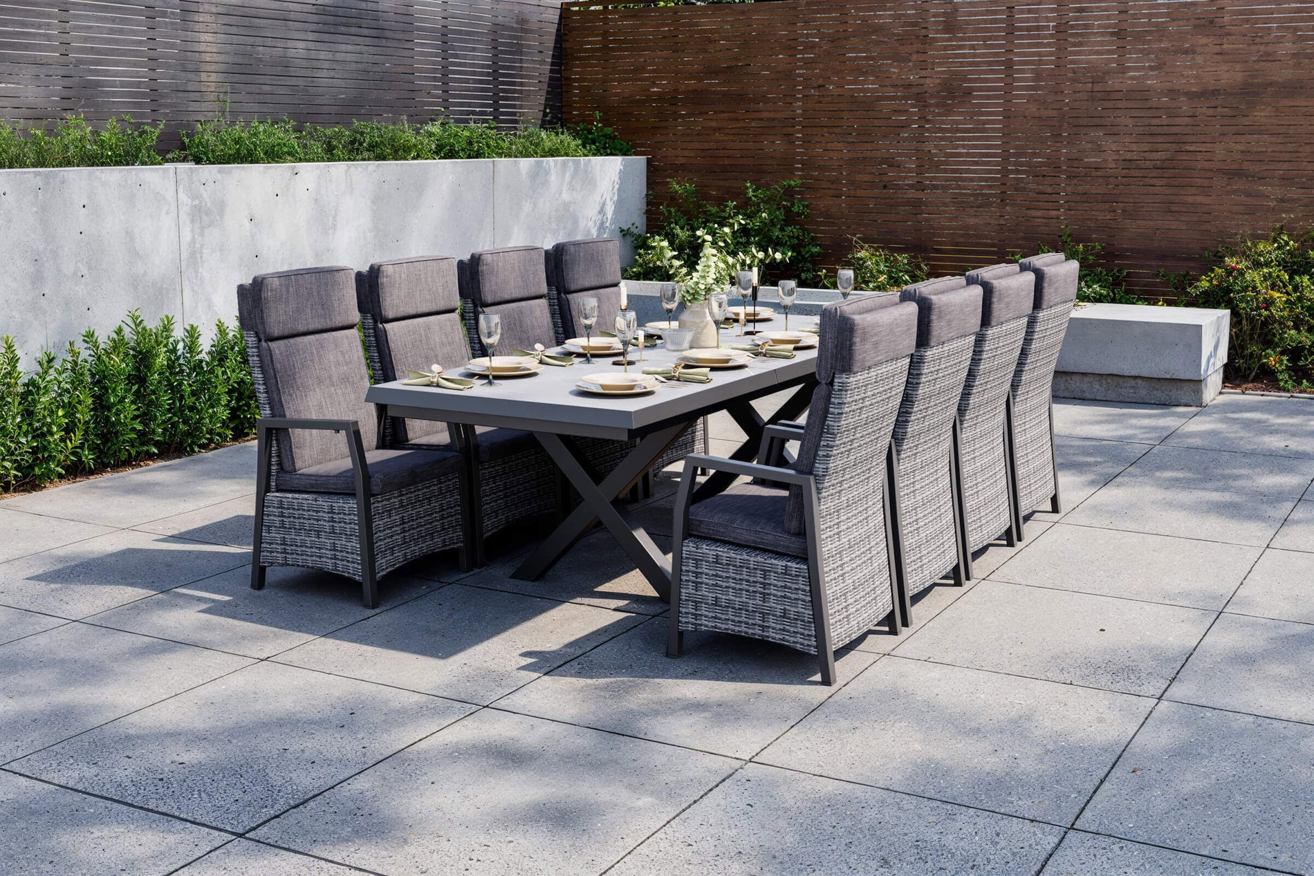 OUTFLEXX Nova Garten-Essgruppe, schwarz/anthrazit/grau, Aluminium/Polyrattan/Steinimitat, Tisch 200/260 x 100 cm, 8 Diningsessel OUTFLEXX Nova Garten-Essgruppe, schwarz/anthrazit/grau, Aluminium/Polyrattan/Steinimitat, Tisch 200/260 x 100 cm, 8 Diningsessel